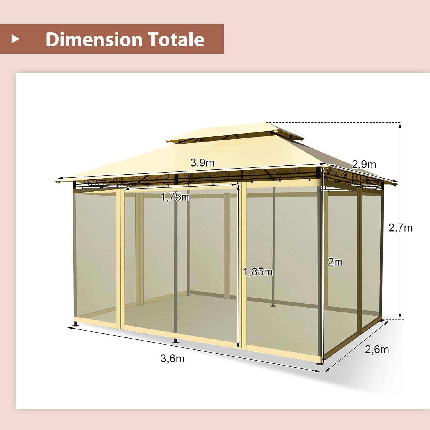 Tonnelle de Jardin Pergola 3,9 x 2,9 x 2,7 M Moustiquaires Amovibles 6 Parois Structure Acier Beige - Image 3