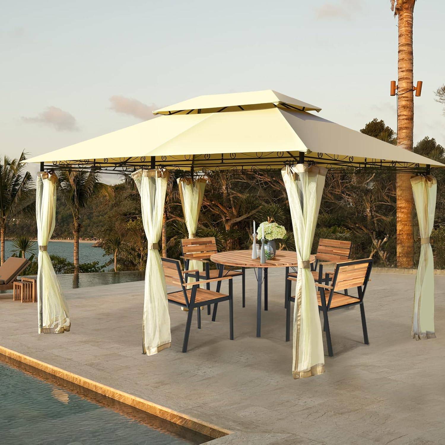 Tonnelle de Jardin Pergola 3,9 x 2,9 x 2,7 M Moustiquaires Amovibles 6 Parois Structure Acier Beige - Image 9