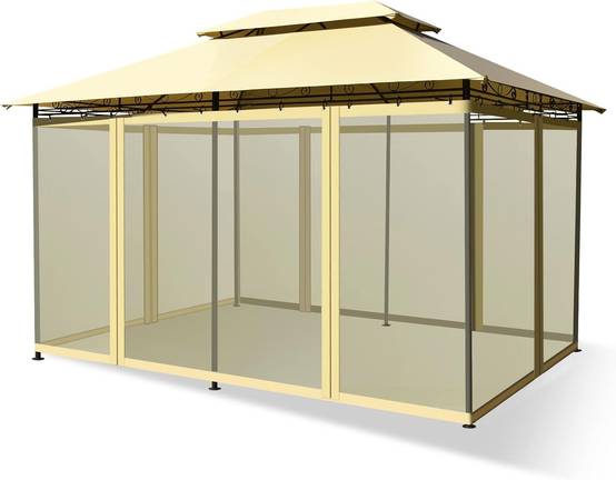 Tonnelle de Jardin Pergola 3,9 x 2,9 x 2,7 M Moustiquaires Amovibles 6 Parois Structure Acier Beige - Image 1