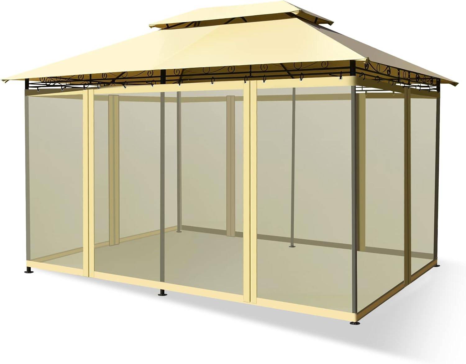 Tonnelle de Jardin Pergola 3,9 x 2,9 x 2,7 M Moustiquaires Amovibles 6 Parois Structure Acier Beige - Image 1
