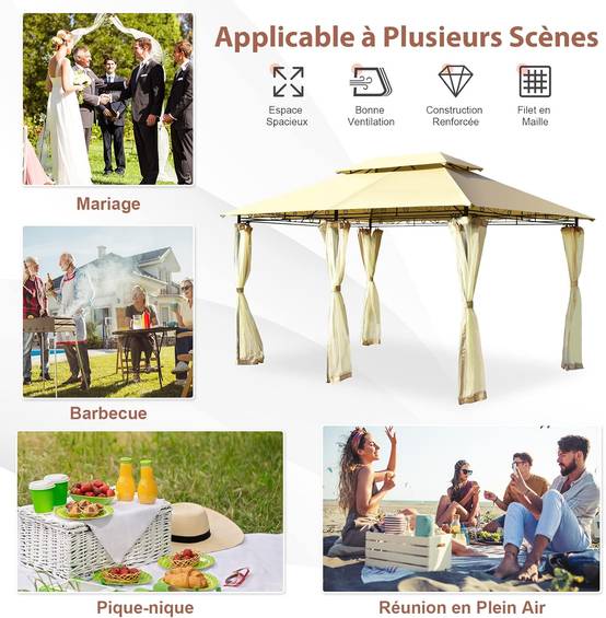 Tonnelle de Jardin Pergola 3,9 x 2,9 x 2,7 M Moustiquaires Amovibles 6 Parois Structure Acier Beige - Image 6