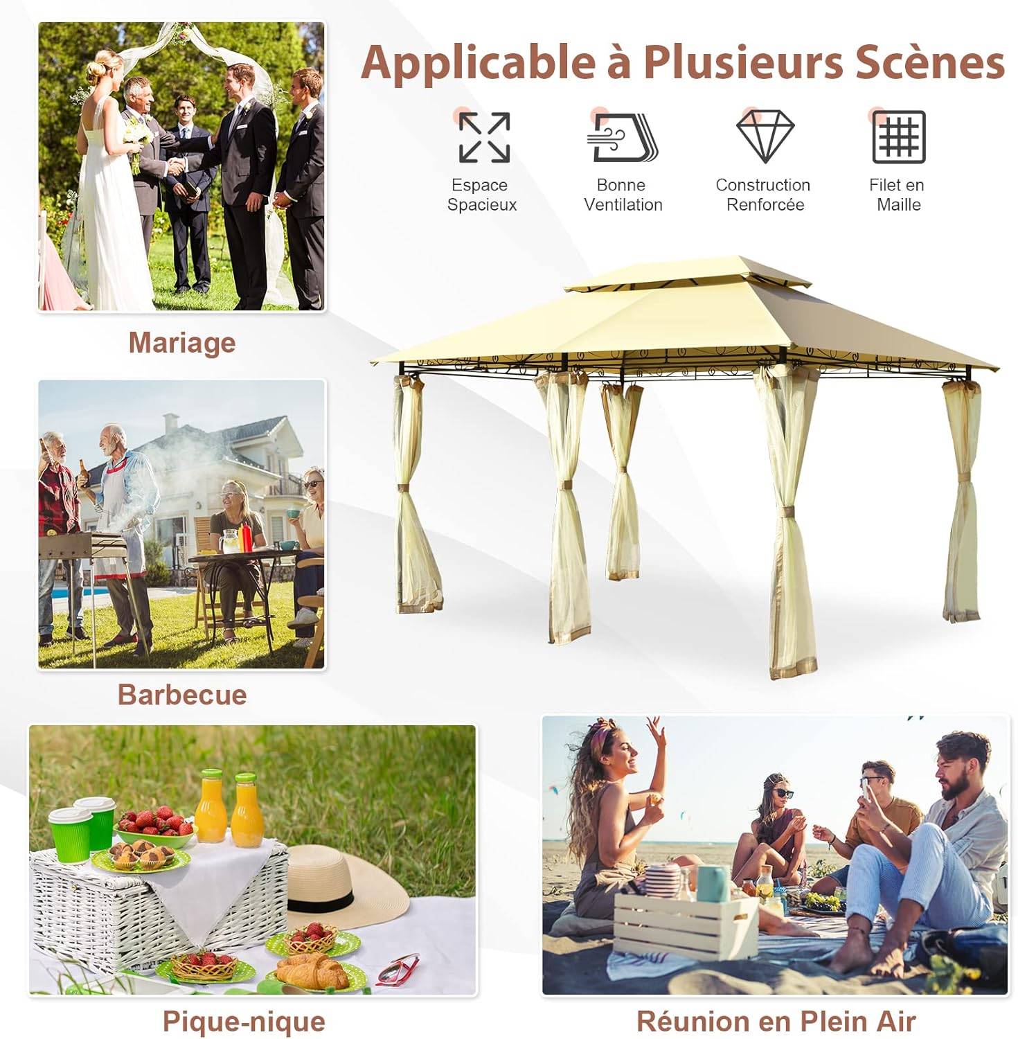 Tonnelle de Jardin Pergola 3,9 x 2,9 x 2,7 M Moustiquaires Amovibles 6 Parois Structure Acier Beige - Image 6