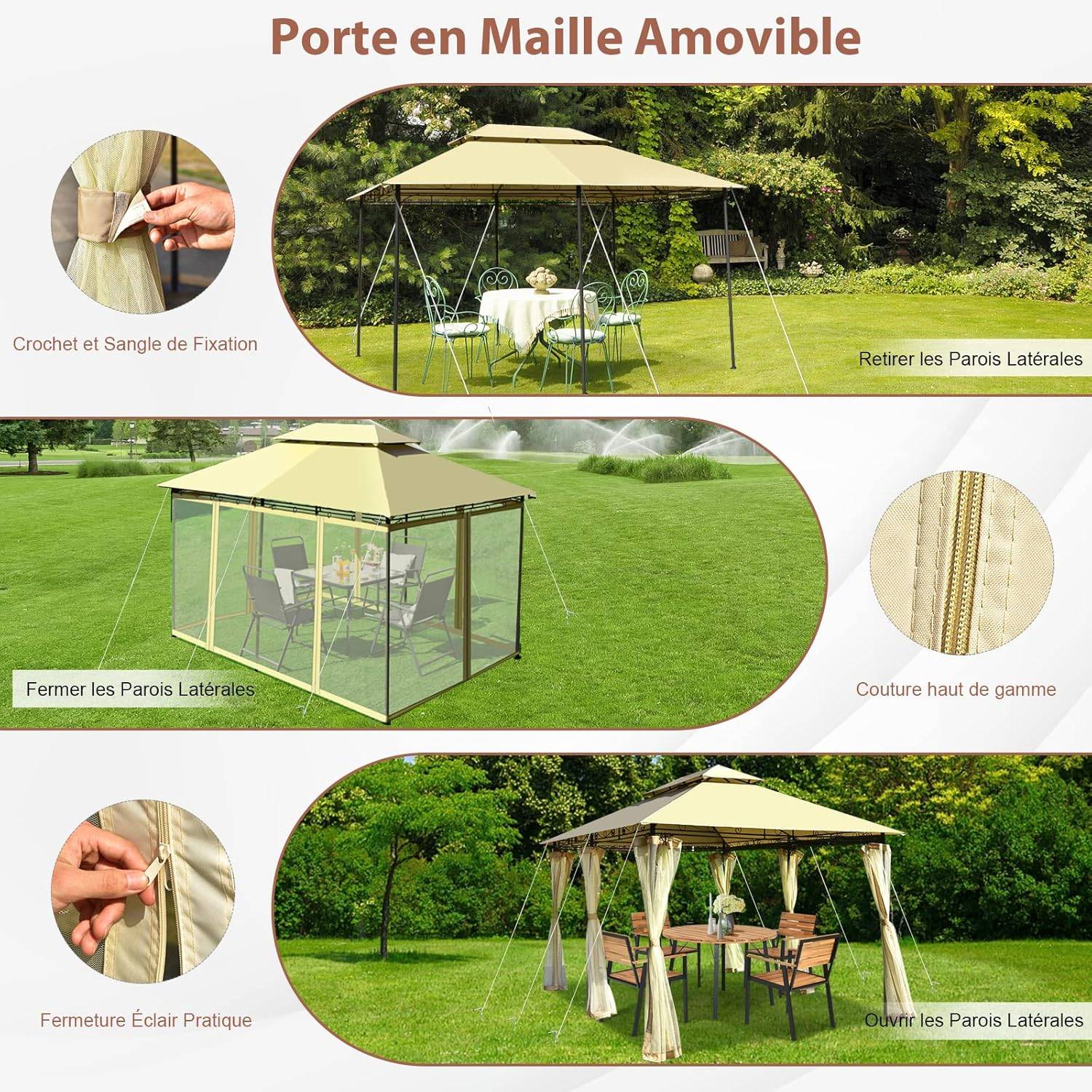 Tonnelle de Jardin Pergola 3,9 x 2,9 x 2,7 M Moustiquaires Amovibles 6 Parois Structure Acier Beige - Image 8