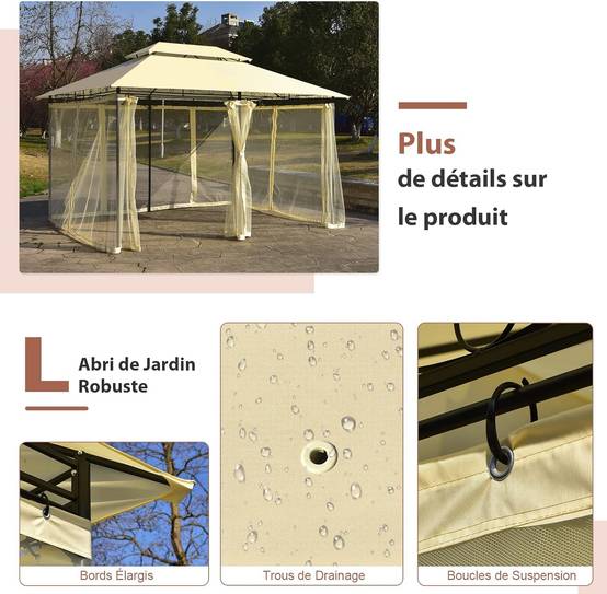 Tonnelle de Jardin Pergola 3,9 x 2,9 x 2,7 M Moustiquaires Amovibles 6 Parois Structure Acier Beige - Image 7