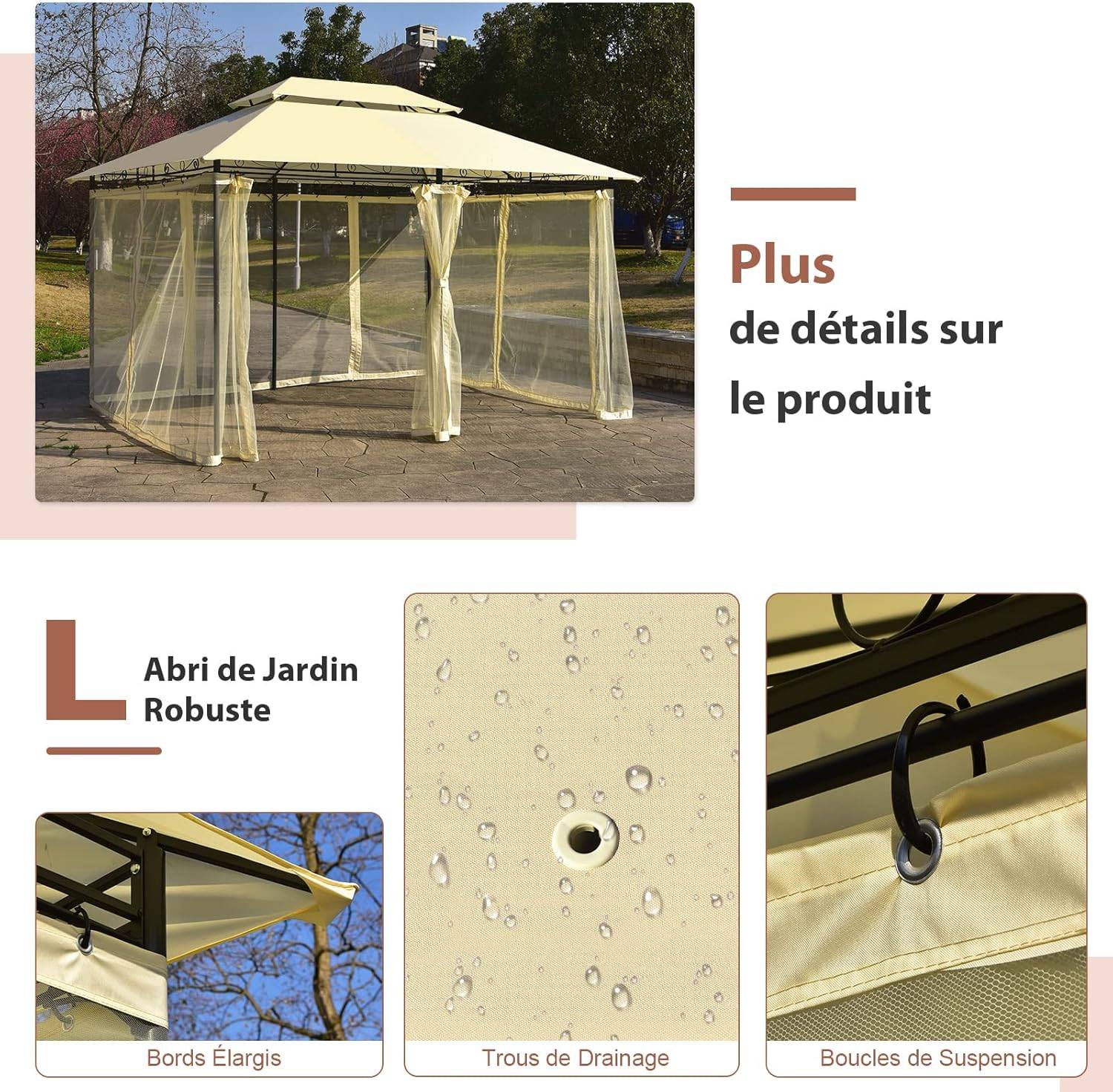 Tonnelle de Jardin Pergola 3,9 x 2,9 x 2,7 M Moustiquaires Amovibles 6 Parois Structure Acier Beige - Image 7