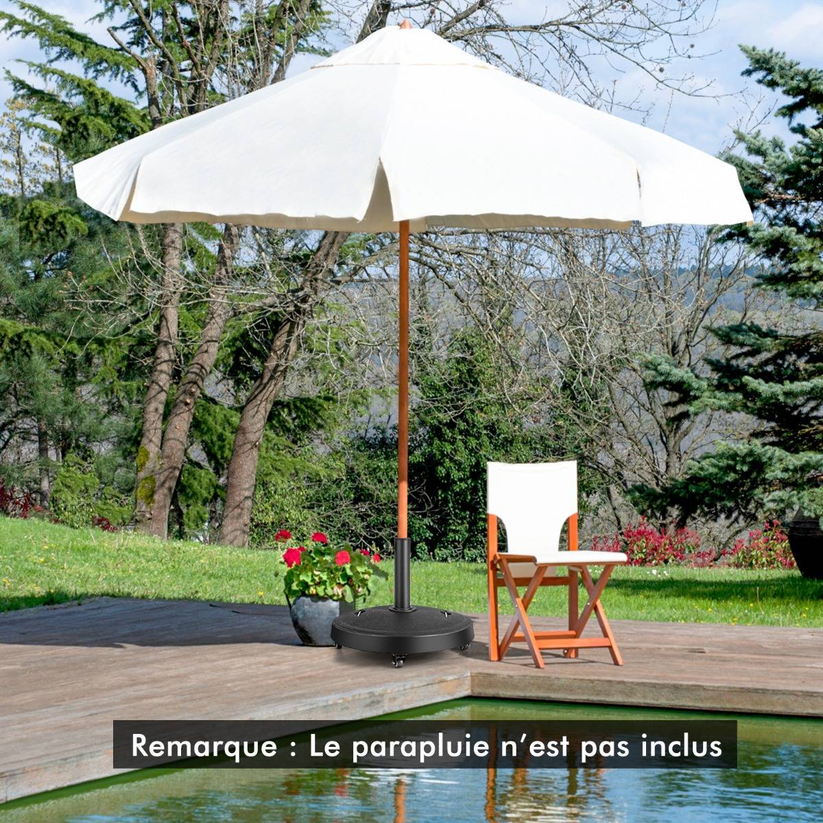 Pied de Parasol sur Roulettes φ52CM Socle Parasol Extérieur en Résine avec 2 Poignées Rétractables 4 Roue Verrouillables 38/48 mm - Image 6