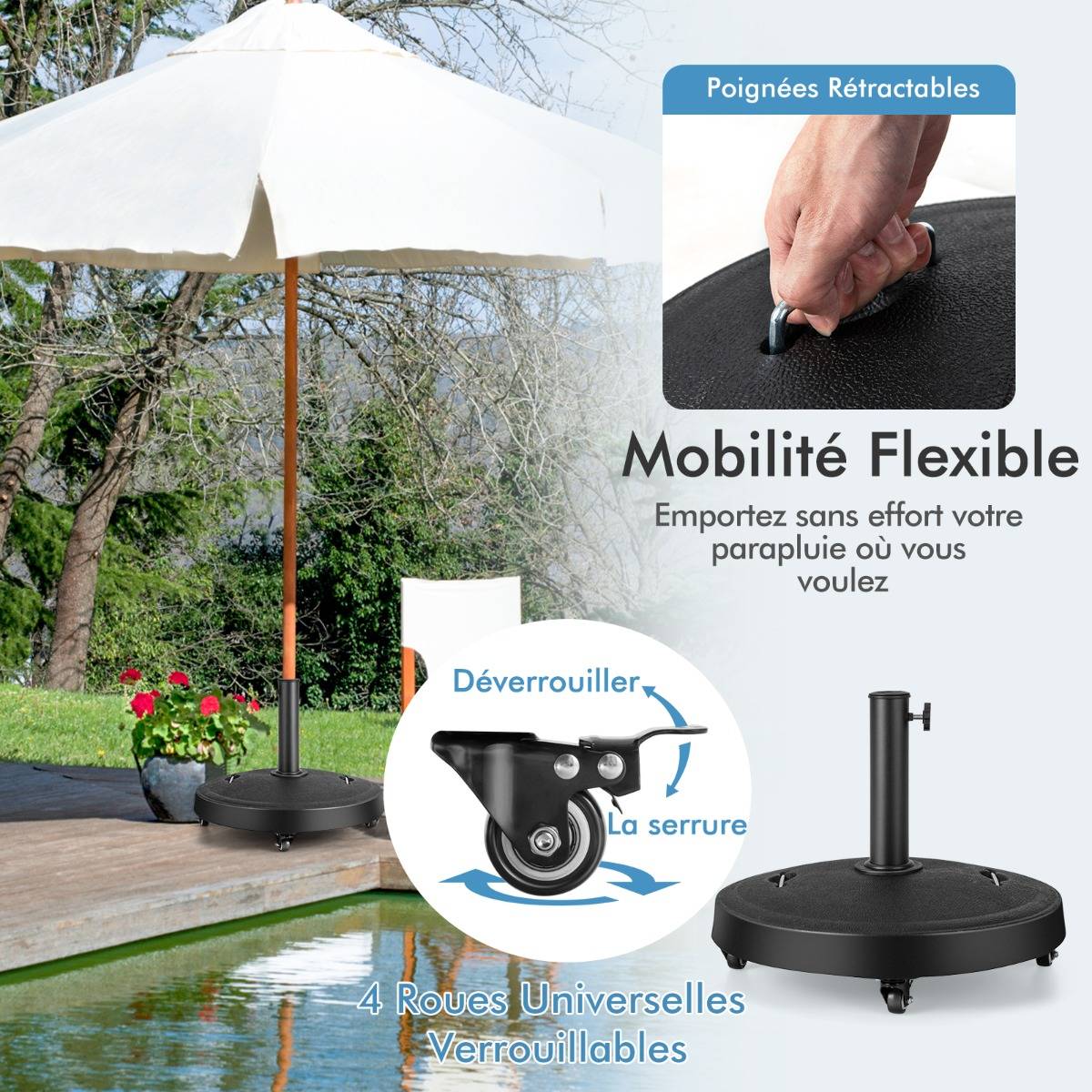 Pied de Parasol sur Roulettes φ52CM Socle Parasol Extérieur en Résine avec 2 Poignées Rétractables 4 Roue Verrouillables 38/48 mm - Image 8