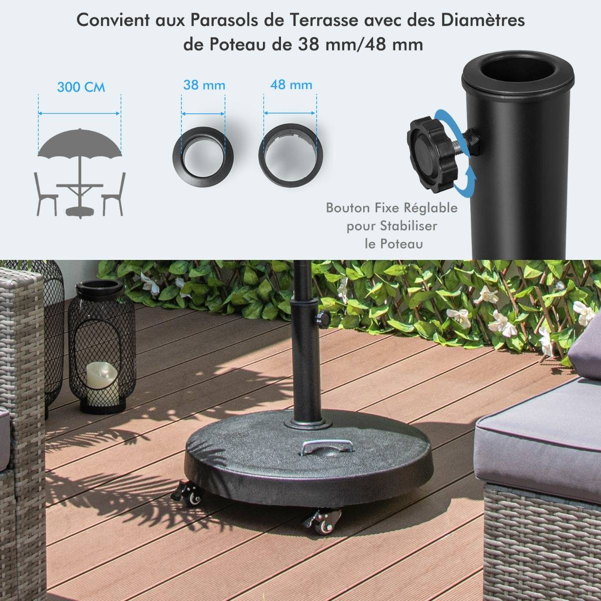 Pied de Parasol sur Roulettes φ52CM Socle Parasol Extérieur en Résine avec 2 Poignées Rétractables 4 Roue Verrouillables 38/48 mm - Image 9