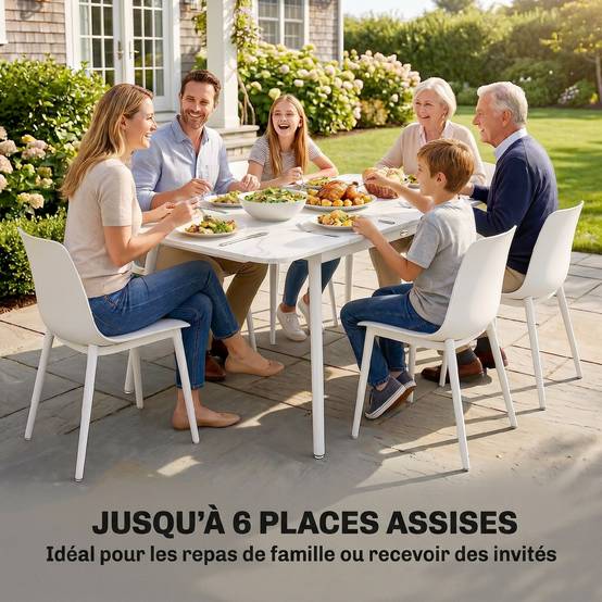 Table de Jardin Rectangulaire pour 4-6 Personnes, Plateau en WPC et Cadre en Métal, Pieds Réglables, 140x80x75cm, Blanc - Image 6