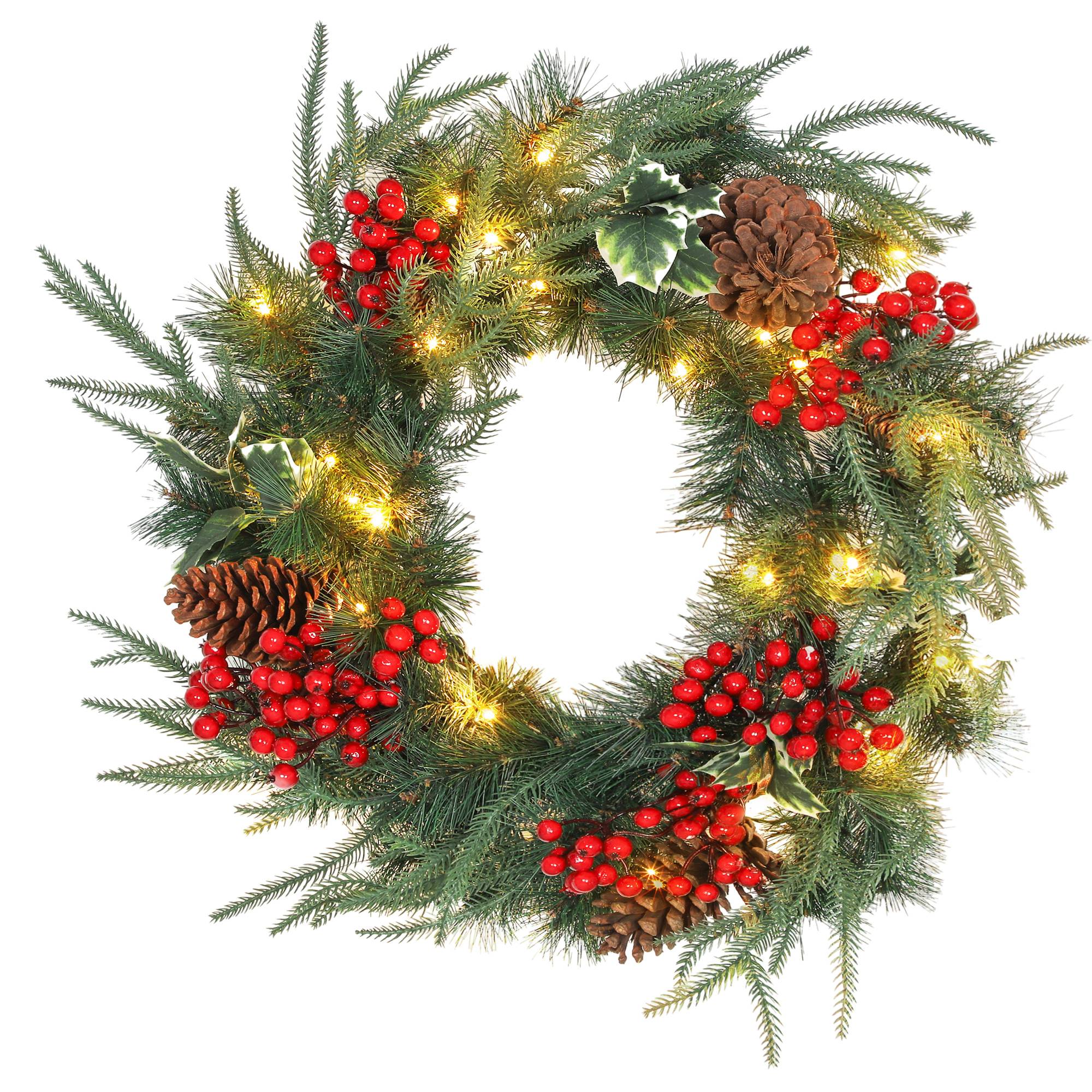 Sans Marque - Couronne de Noël de 60 cm avec lumières LED blanches, minuterie, pommes de pin, baies et houx, verte - Image 2