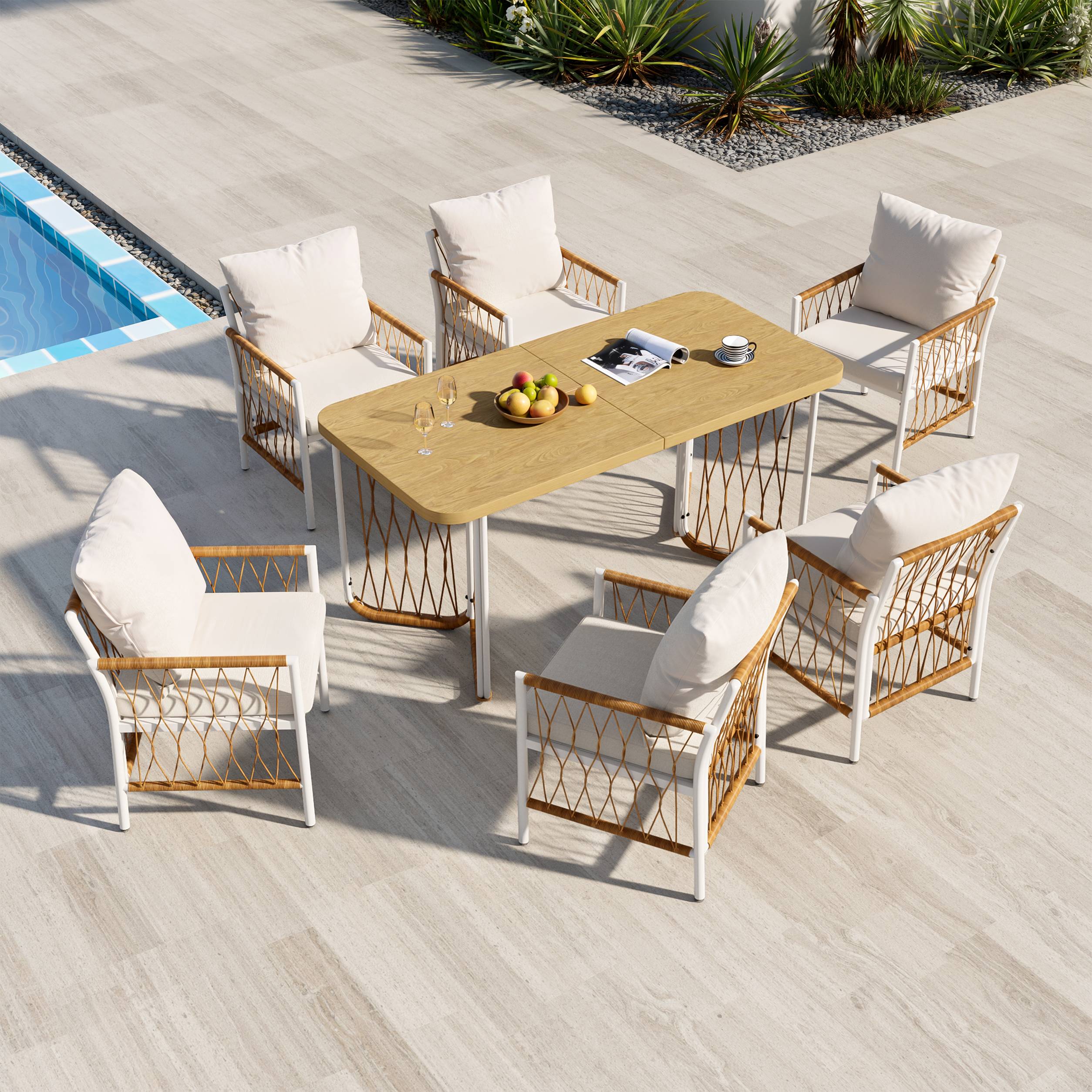 Ensemble Table et Chaise de Jardin avec 1 Table et 6 Chaises Polyester Beige - Image 9