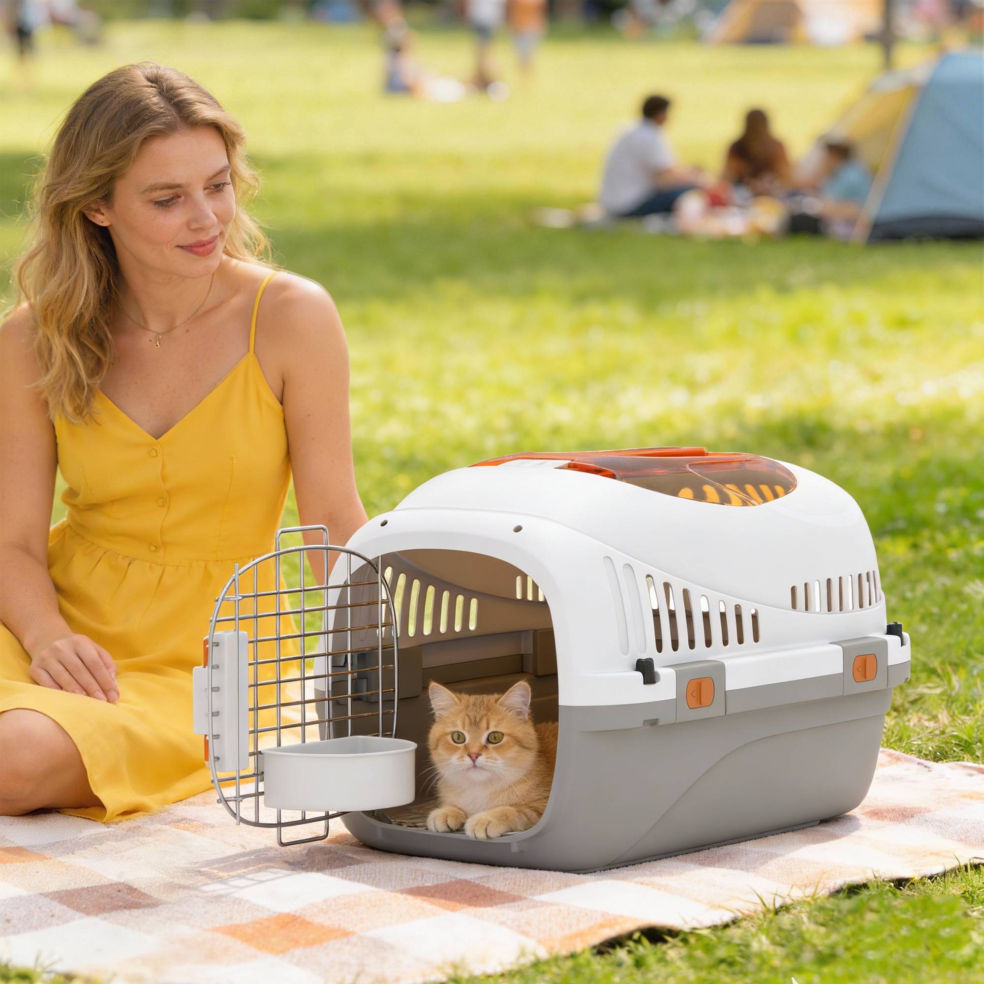Caisse transport chien chat chiots 4 kg, ouverture toit, gamelle, 49x32x31 cm, gris clair - Image 3