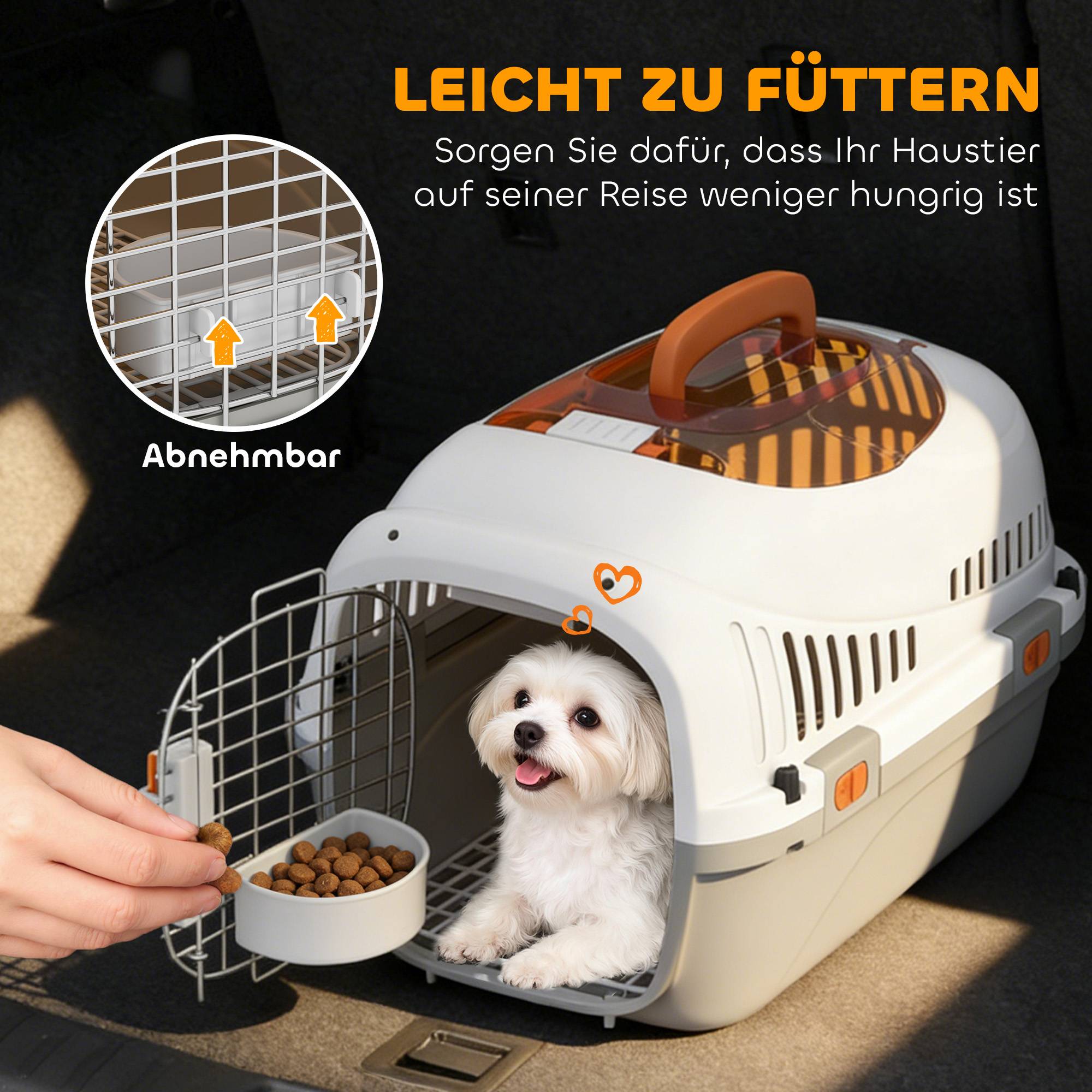Caisse transport chien chat chiots 4 kg, ouverture toit, gamelle, 49x32x31 cm, gris clair - Image 9