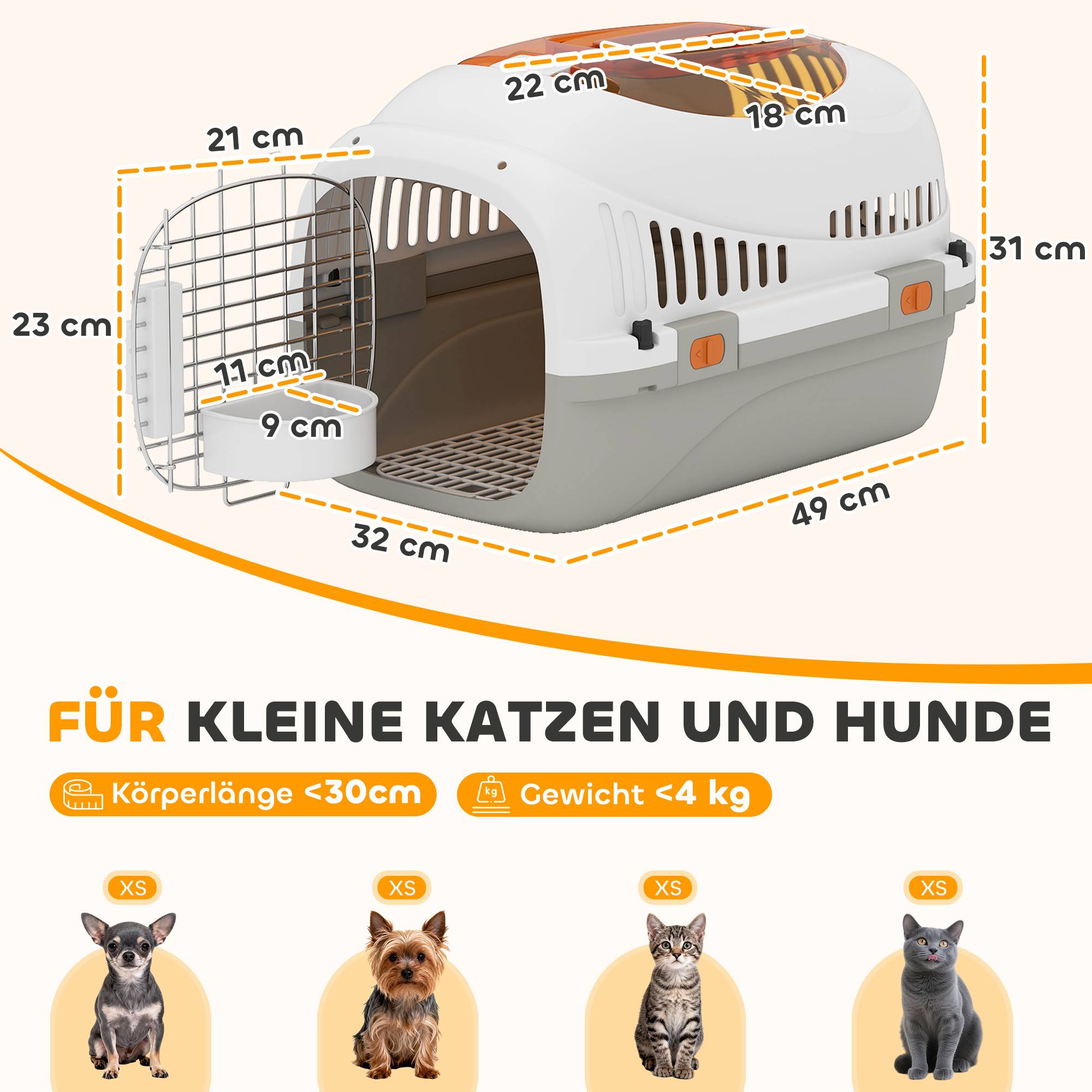 Caisse transport chien chat chiots 4 kg, ouverture toit, gamelle, 49x32x31 cm, gris clair - Image 5