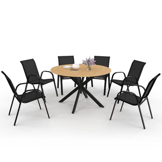 Salon de jardin MESSINA table ronde 120 cm pied araignée plateau métal effet bois et 6 chaises empilables noires - Image 2