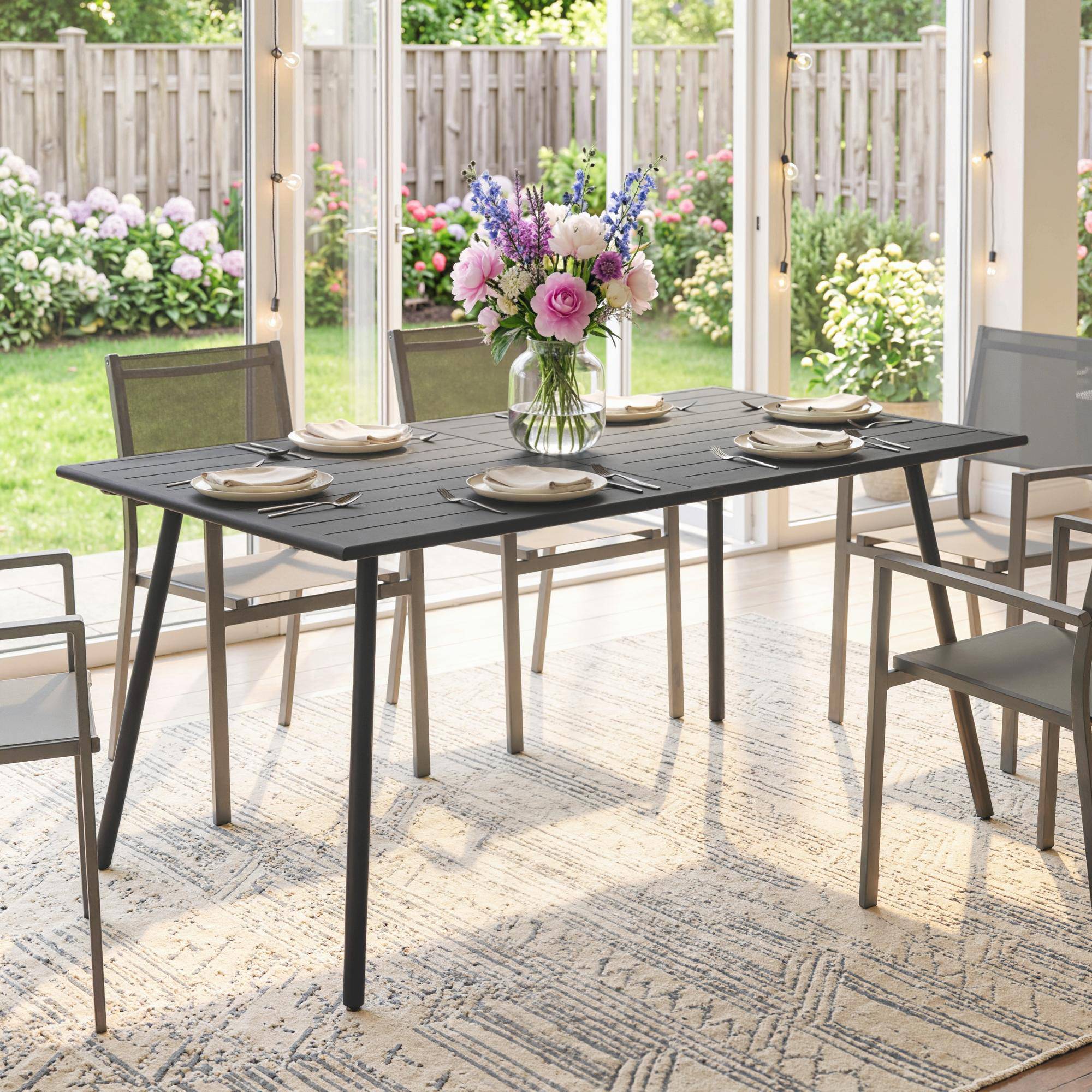 Table à manger de jardin pour 6 personnes avec plateau à lattes pour jardin, patio, terrasse, 150 x 80 x 74 cm, gris - Image 10