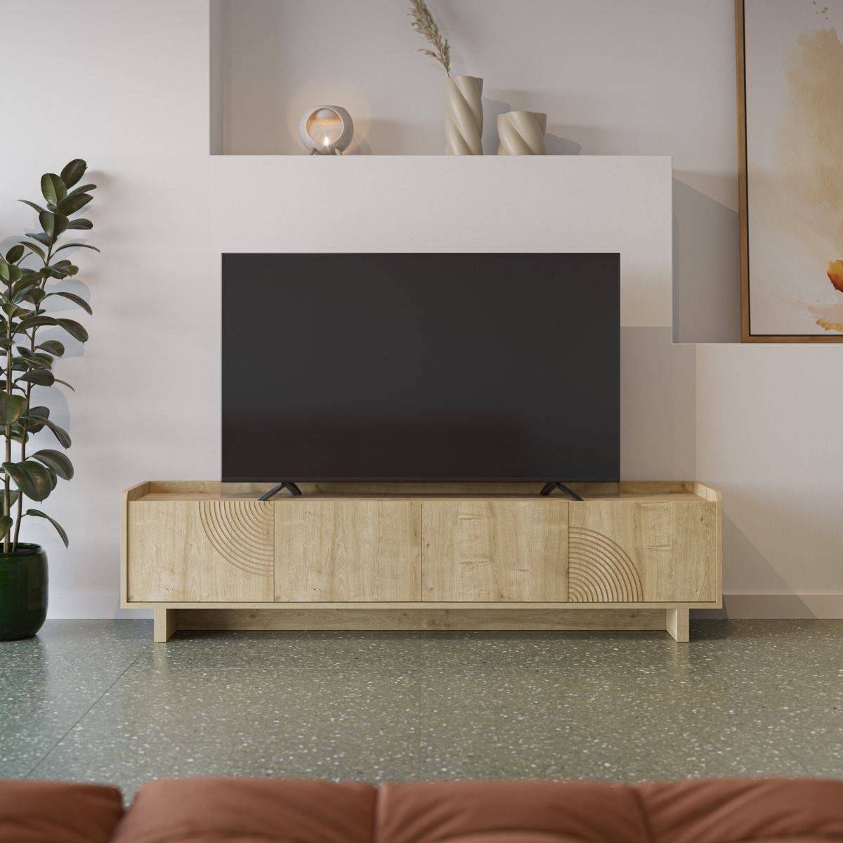 Meuble TV 4 portes 180cm en mélaminé imitation bois décor relief fraisé - RIAD - Image 2