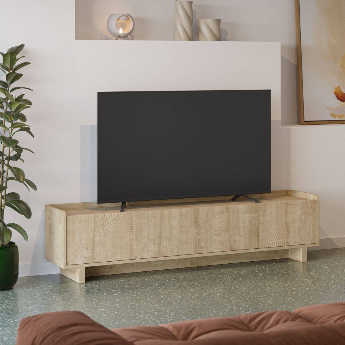 Meuble TV 4 portes 180cm en mélaminé imitation bois décor relief fraisé - RIAD - Image 5