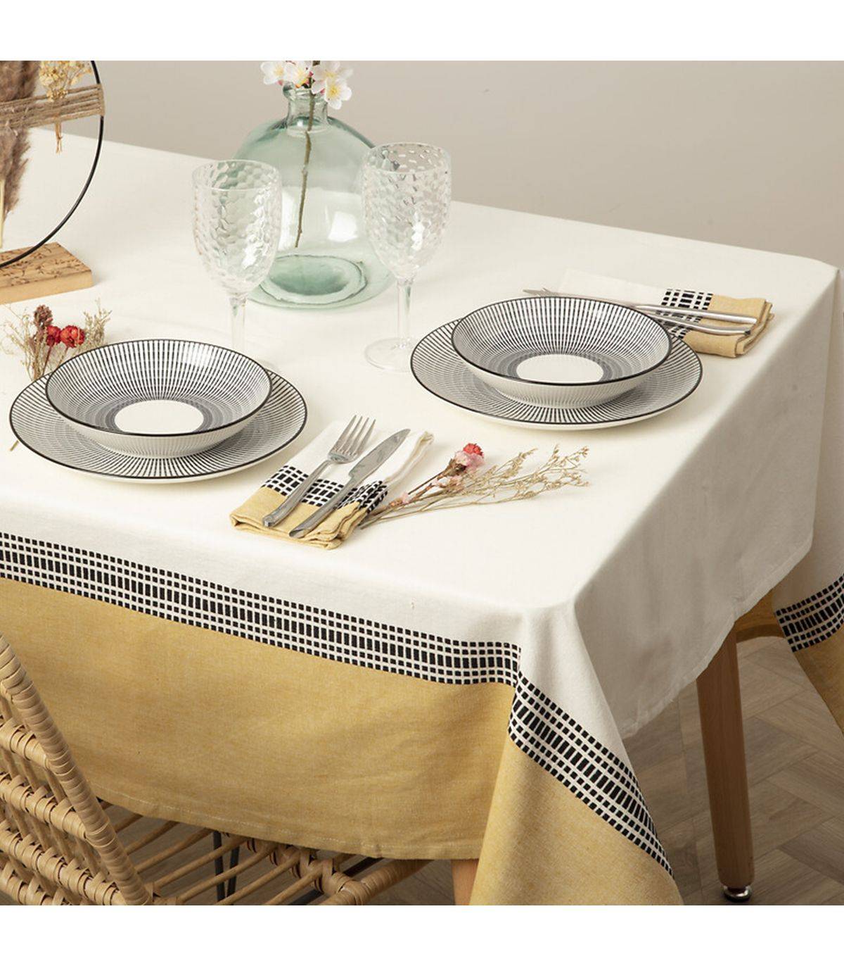 Atmosphera - Nappe en coton bicolore Blanc et Jaune 150 x 250 cm - Imagen 3