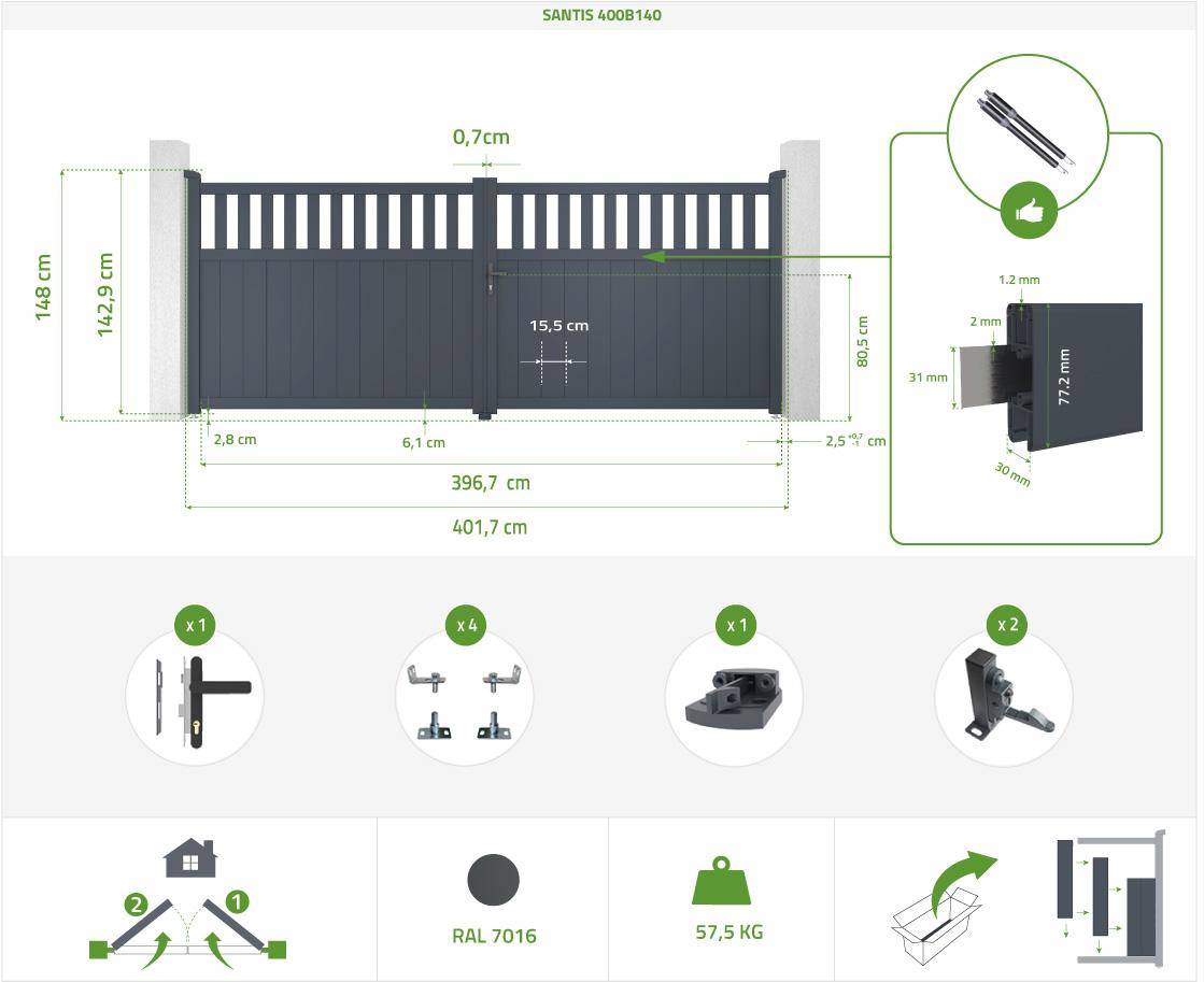 CASANOOV - Portail battant 4m SANTIS H.140cm aluminium gris + 4 poteaux ELDA + Portillon 1m SANTIS H.140cm aluminium gris + motorisation Tanker B700 - Image 2