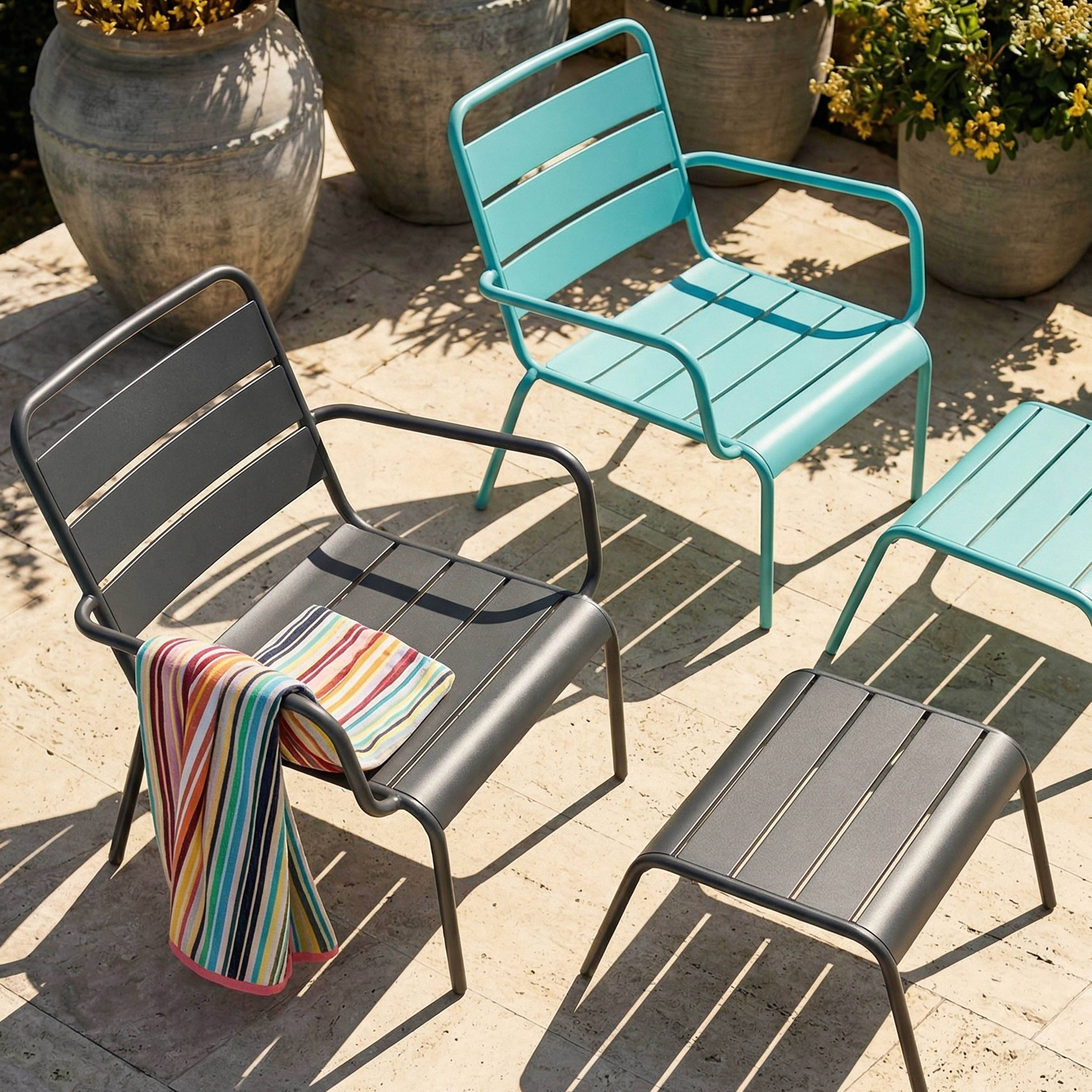 Oviala - Lot 2 fauteuils relax avec repose-pieds métal gris et turquoise Palavas - Oviala - Imagen 3