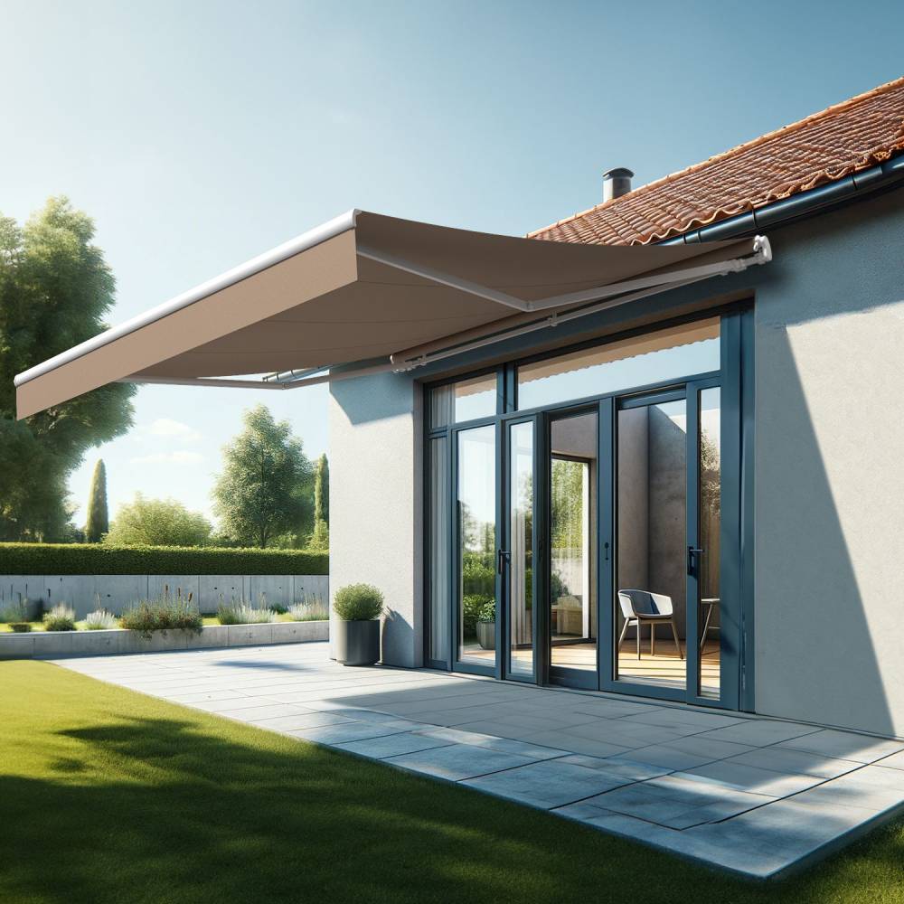 Store banne monobloc ESPAI 4,00x3,50m (Manuelle - Taupe - Blanc) - Alia Productions - Imagen 1