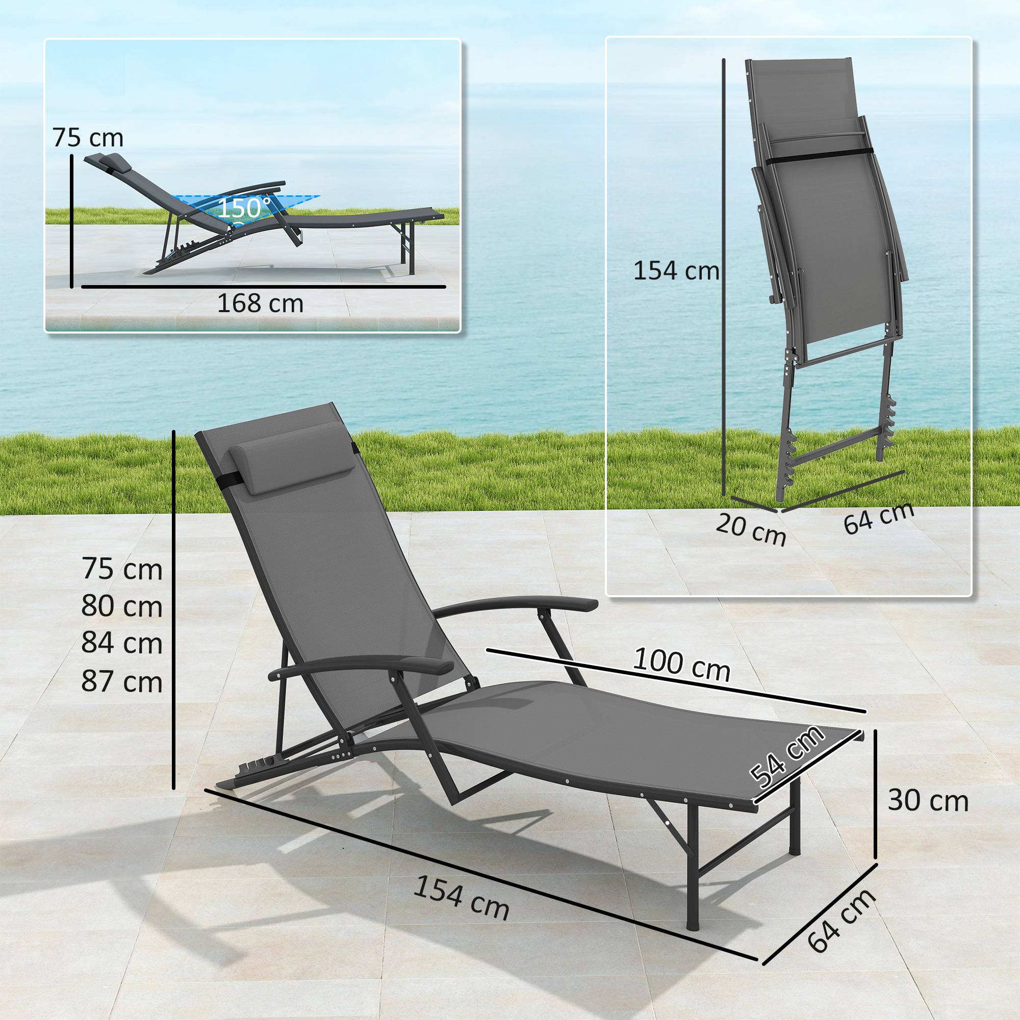Ensemble de 2 chaises longues de jardin pliantes avec dossier réglable sur 4 niveaux et coussin, grises - Image 5