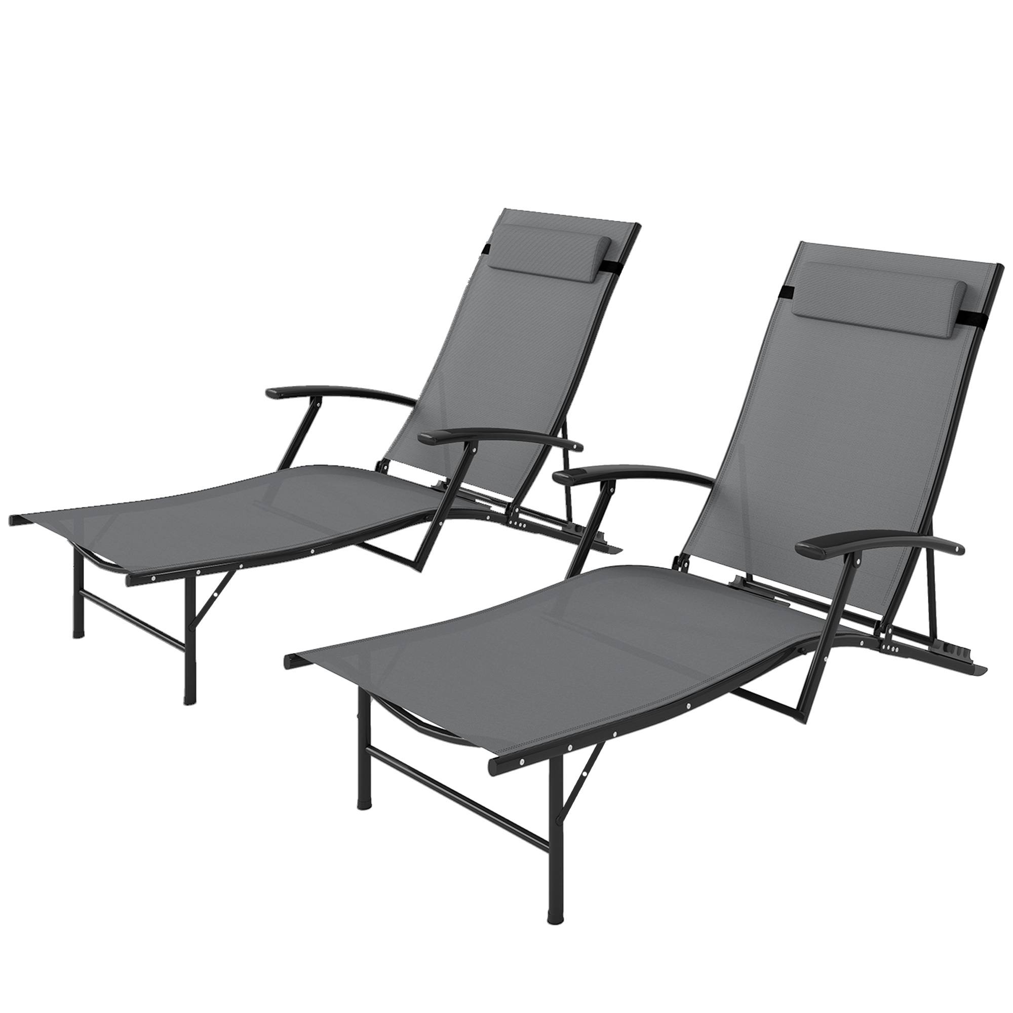 Ensemble de 2 chaises longues de jardin pliantes avec dossier réglable sur 4 niveaux et coussin, grises - Image 2