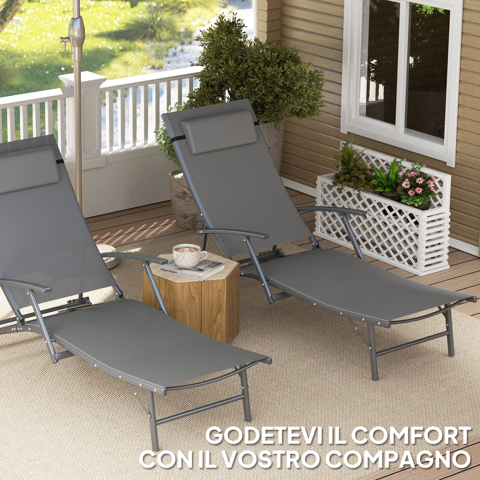 Ensemble de 2 chaises longues de jardin pliantes avec dossier réglable sur 4 niveaux et coussin, grises - Image 8