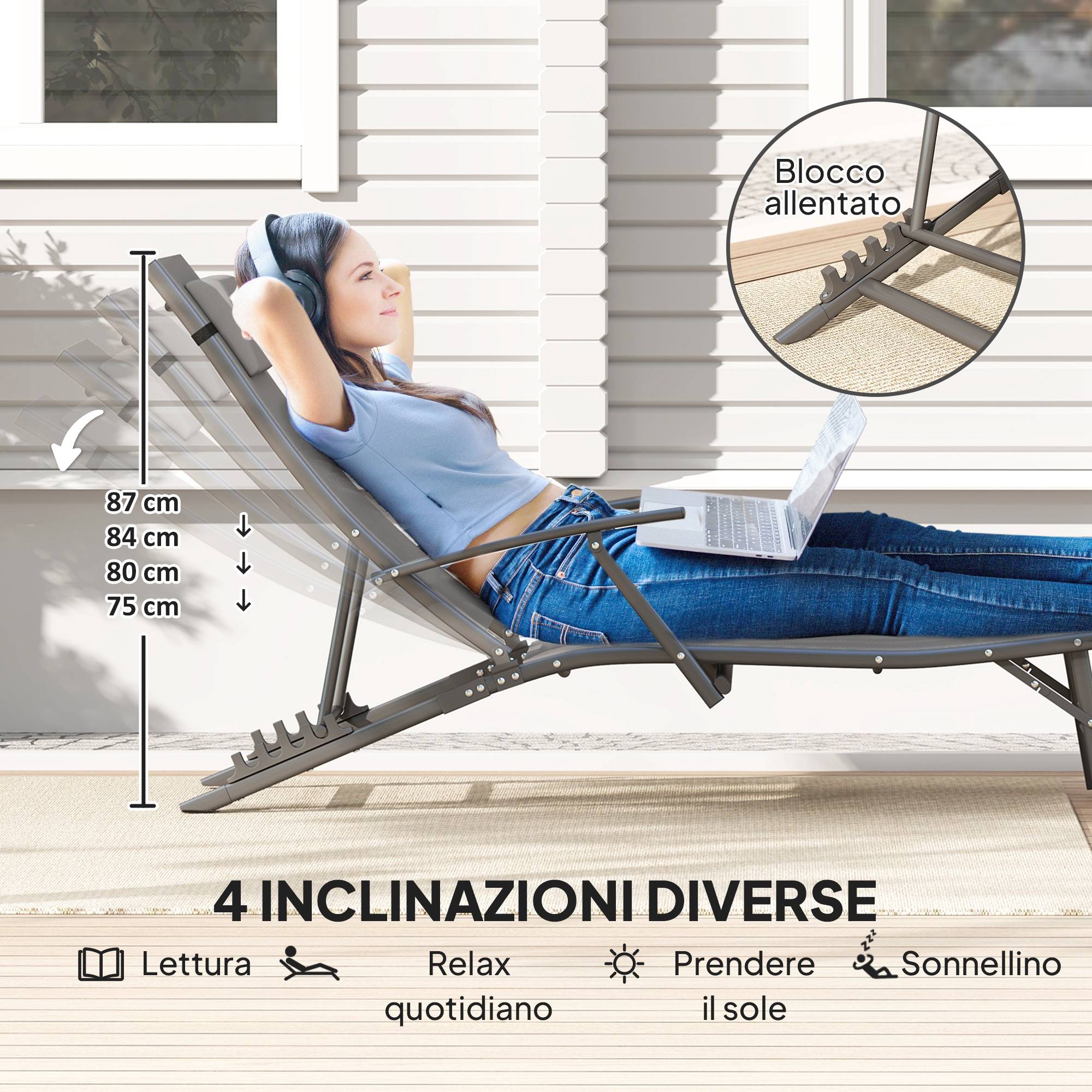 Ensemble de 2 chaises longues de jardin pliantes avec dossier réglable sur 4 niveaux et coussin, grises - Image 6