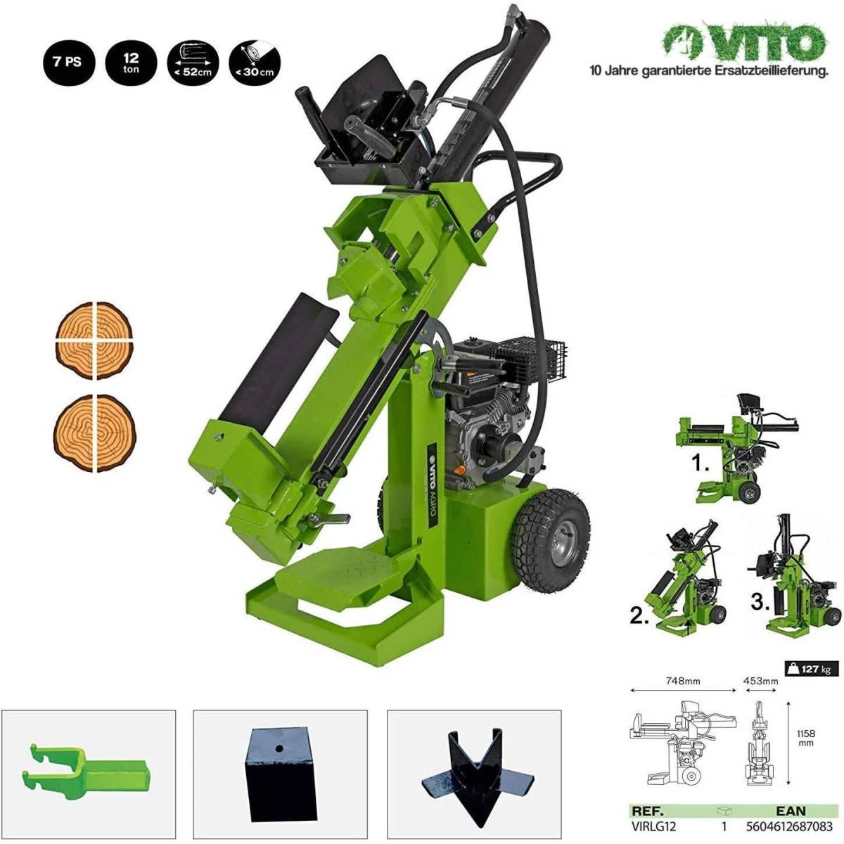 Fendeuse à bois thermique 12 tonnes Bûches Longueur 52cm Ø30cm Moteur essence 4T 7CV VITO - Imagen 5