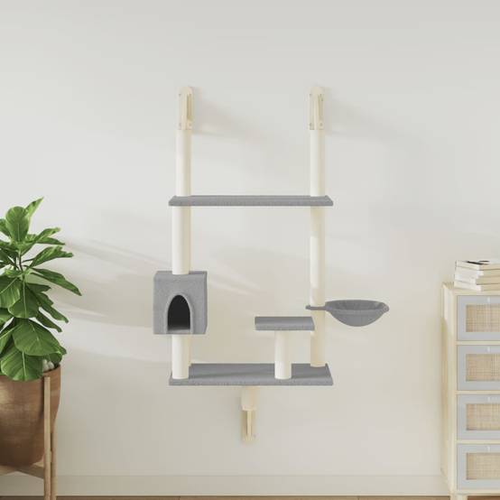 Arbre à chat mural en bois et sisal avec panier et niche Gris clair 153 cm – ComfortXL Pet Living - Image 1