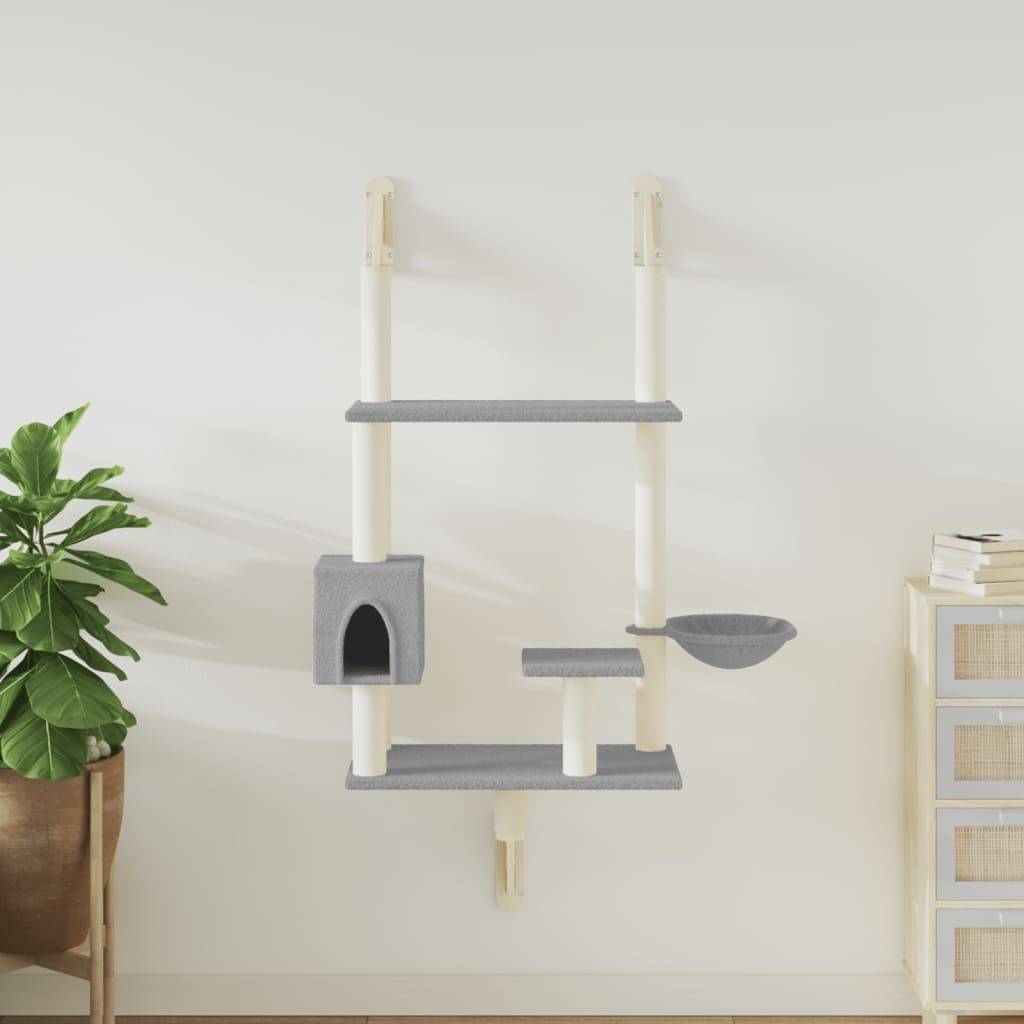Arbre à chat mural en bois et sisal avec panier et niche Gris clair 153 cm – ComfortXL Pet Living - Image 1