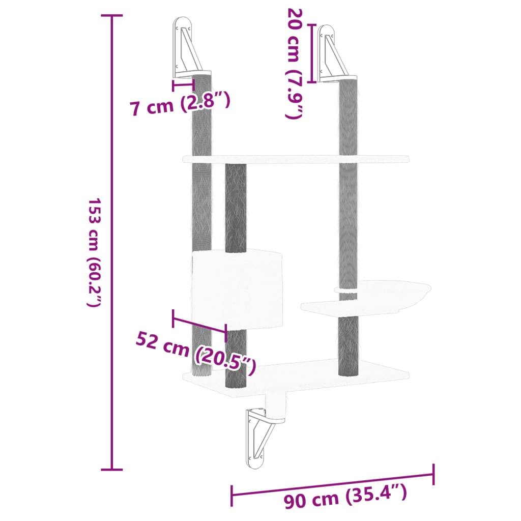 Arbre à chat mural en bois et sisal avec panier et niche Gris clair 153 cm – ComfortXL Pet Living - Image 7