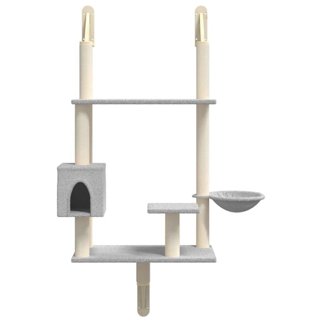 Arbre à chat mural en bois et sisal avec panier et niche Gris clair 153 cm – ComfortXL Pet Living - Image 4