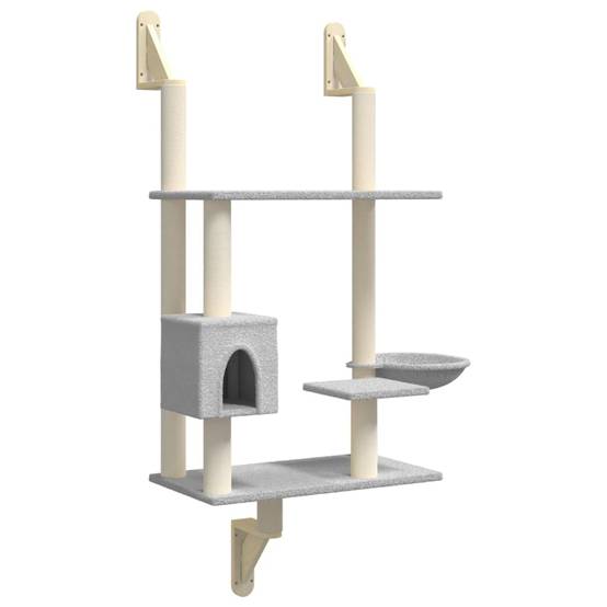 Arbre à chat mural en bois et sisal avec panier et niche Gris clair 153 cm – ComfortXL Pet Living - Image 2