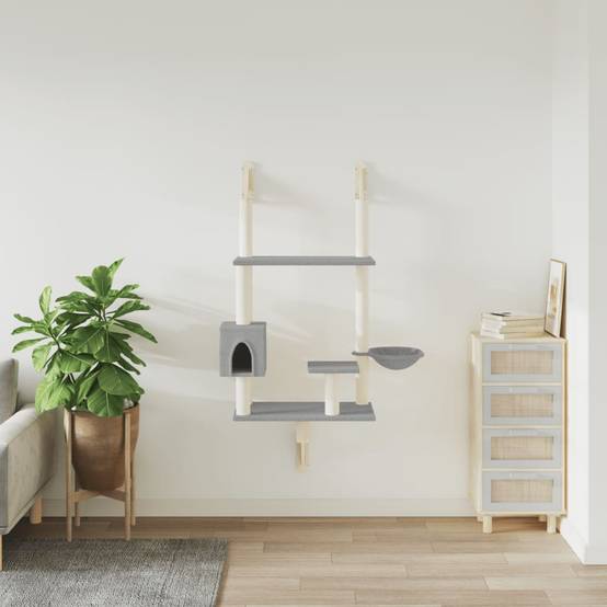 Arbre à chat mural en bois et sisal avec panier et niche Gris clair 153 cm – ComfortXL Pet Living - Image 3