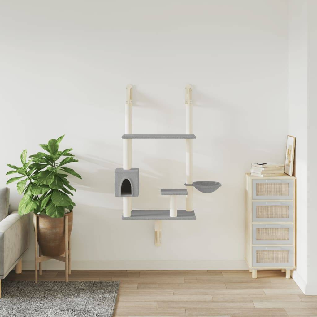 Arbre à chat mural en bois et sisal avec panier et niche Gris clair 153 cm – ComfortXL Pet Living - Image 3