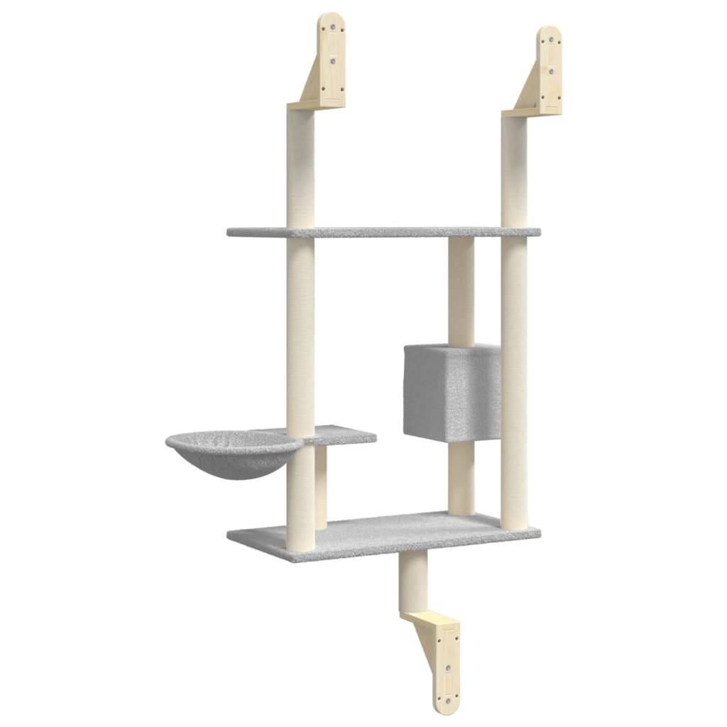 Arbre à chat mural en bois et sisal avec panier et niche Gris clair 153 cm – ComfortXL Pet Living - Image 6