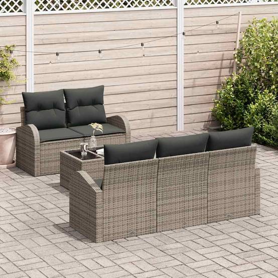 Canapé Extérieur Modulable 6 Pcs Polyrotin Gris Coussins Épais Table Basse Verre – ComfortXL Outdoor Living - Image 3