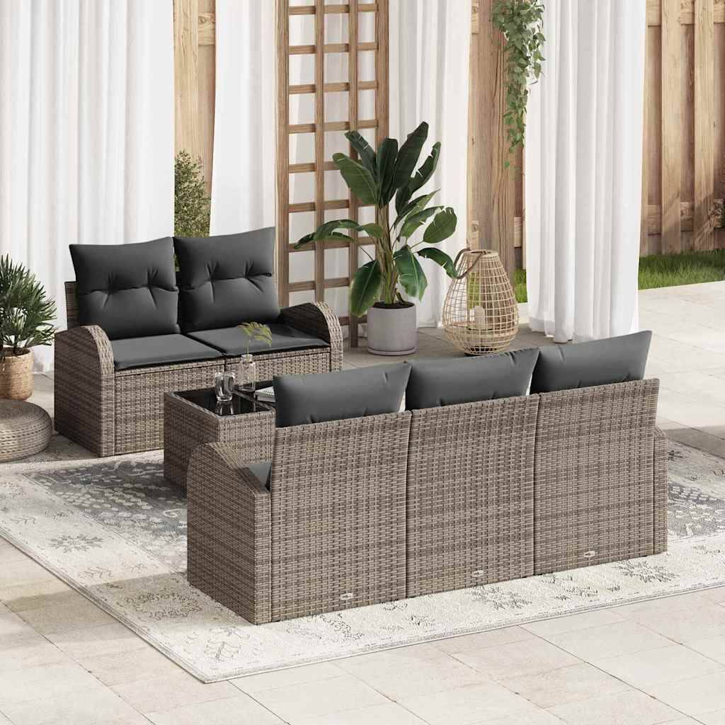 Canapé Extérieur Modulable 6 Pcs Polyrotin Gris Coussins Épais Table Basse Verre – ComfortXL Outdoor Living - Image 1