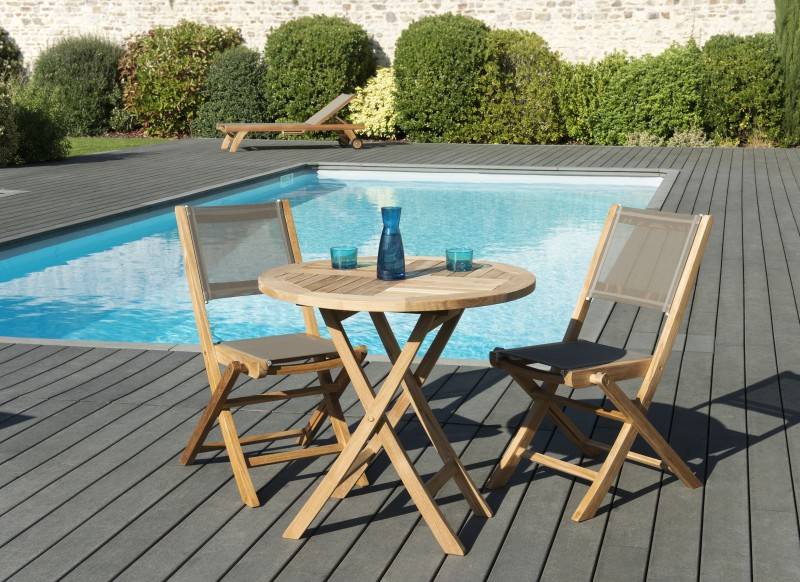 Macabane - FUN - Ensemble de jardin 2 pers. table bois Teck 80cm, 2 chaises gris - Imagen 2