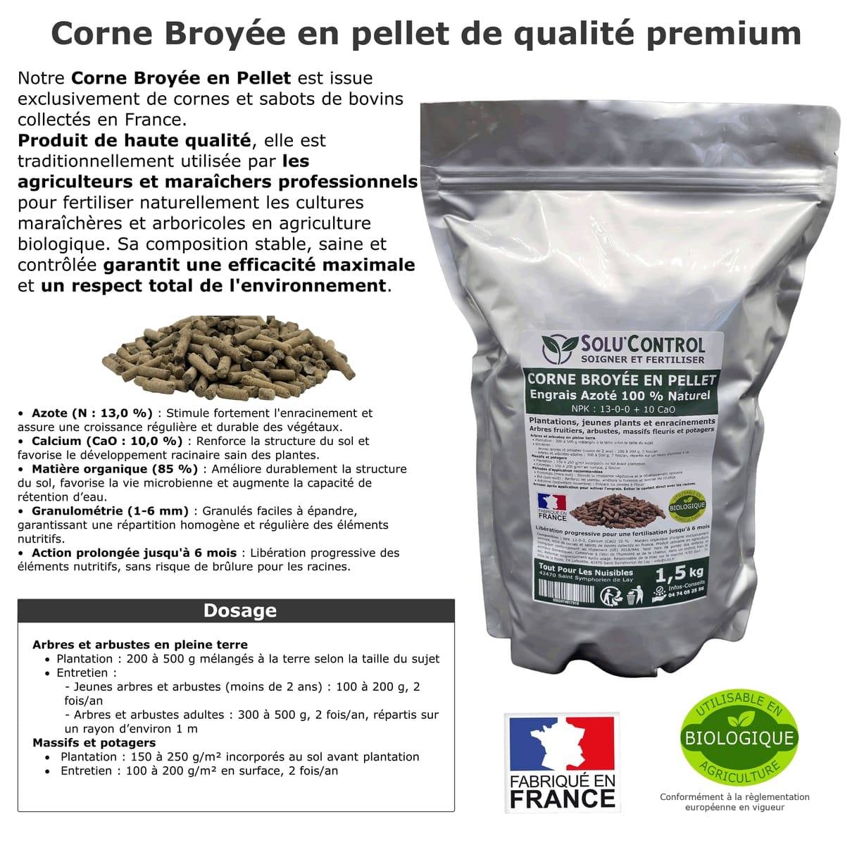 SOLU’CONTROL - 1,5 kg de Corne Broyée en Pellet - Formulation haute qualité Organo-Minerale - Engrais Azoté 100% Naturel- UAB - Image 4