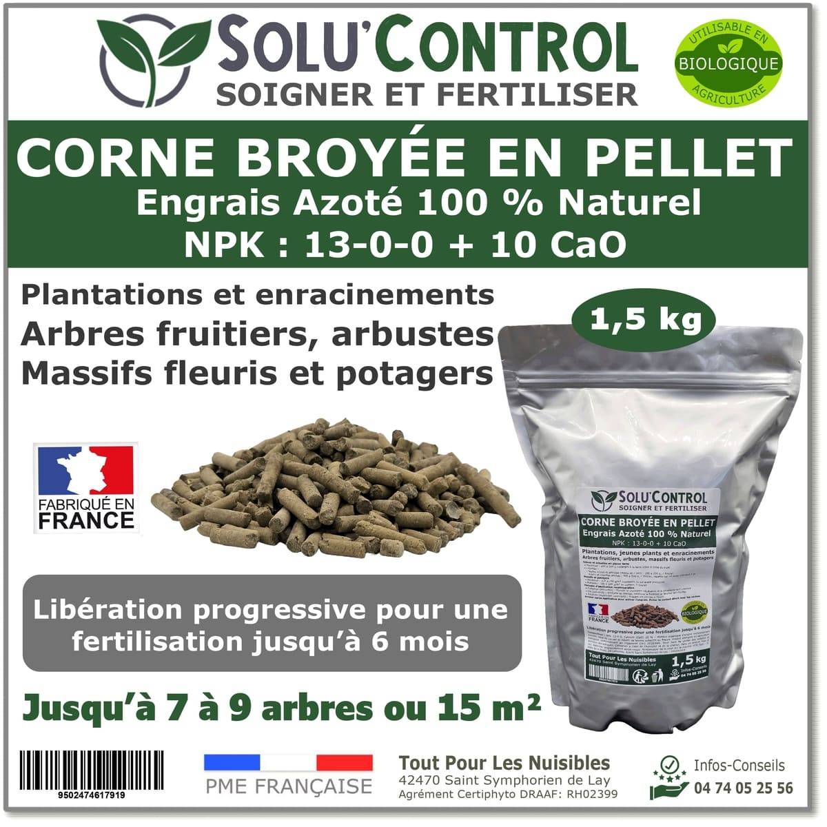 SOLU’CONTROL - 1,5 kg de Corne Broyée en Pellet - Formulation haute qualité Organo-Minerale - Engrais Azoté 100% Naturel- UAB - Image 1