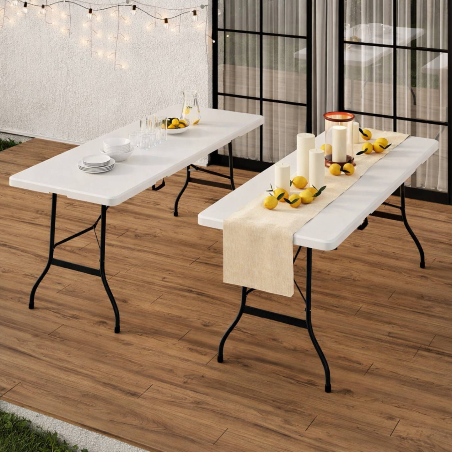 Lot 2 Tables Pliantes Jardin 180 Cm Oxeo - 16 Personnes - Pique-Nique Camping Réception Blanche