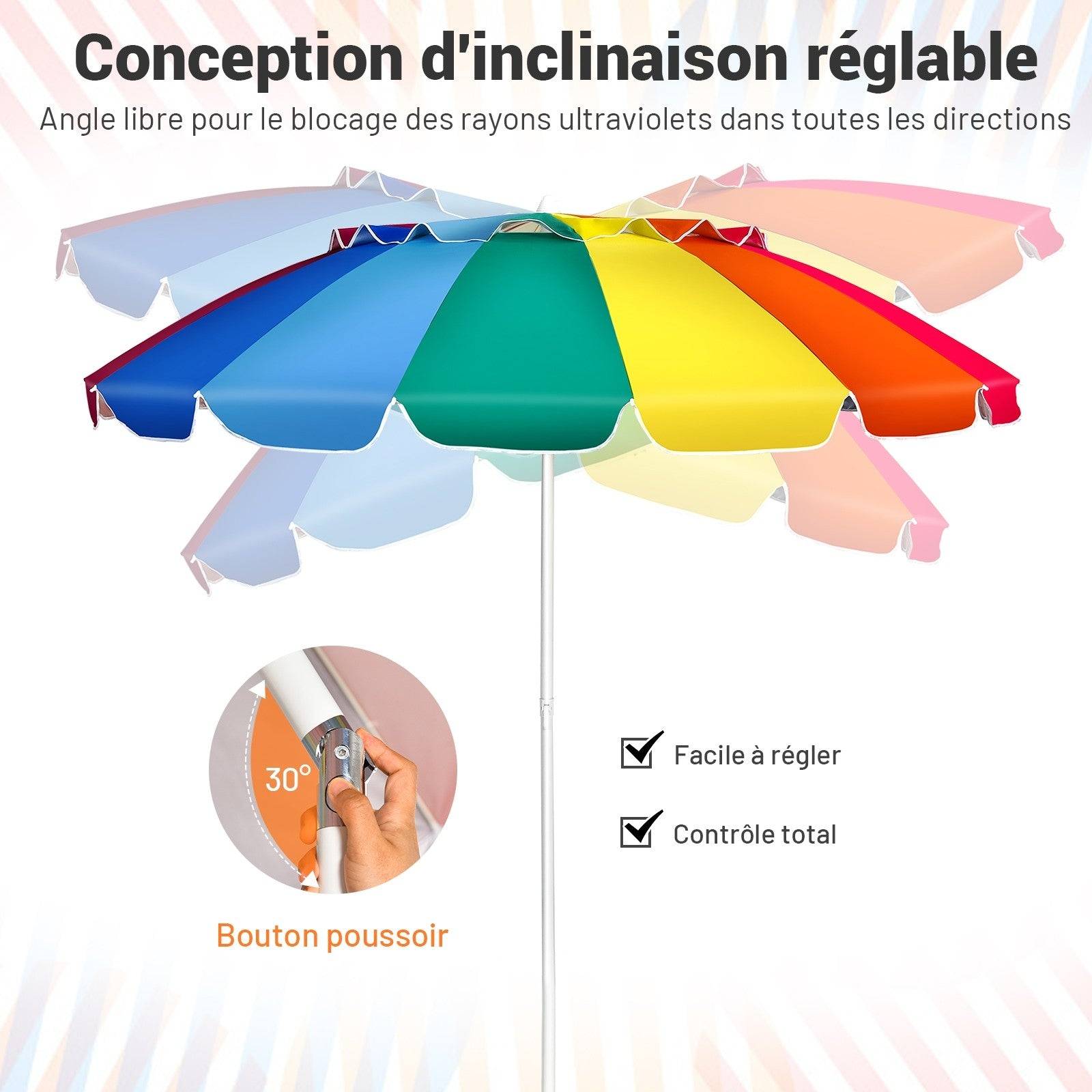 Helloshop26 - Parasol de plage inclinable 2,45 m protection upf 50+ baleines en fibre de verre avec sac pied amovible multicolore - Imagen 3