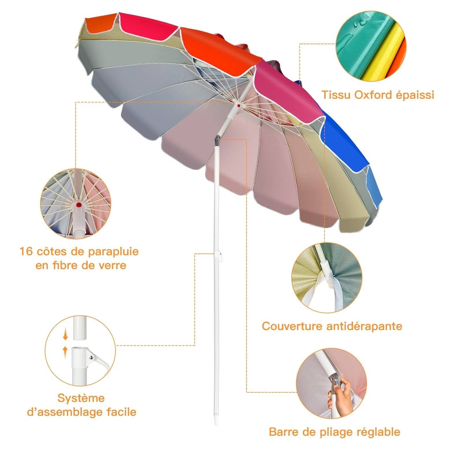 Helloshop26 - Parasol de plage inclinable 2,45 m protection upf 50+ baleines en fibre de verre avec sac pied amovible multicolore - Imagen 4