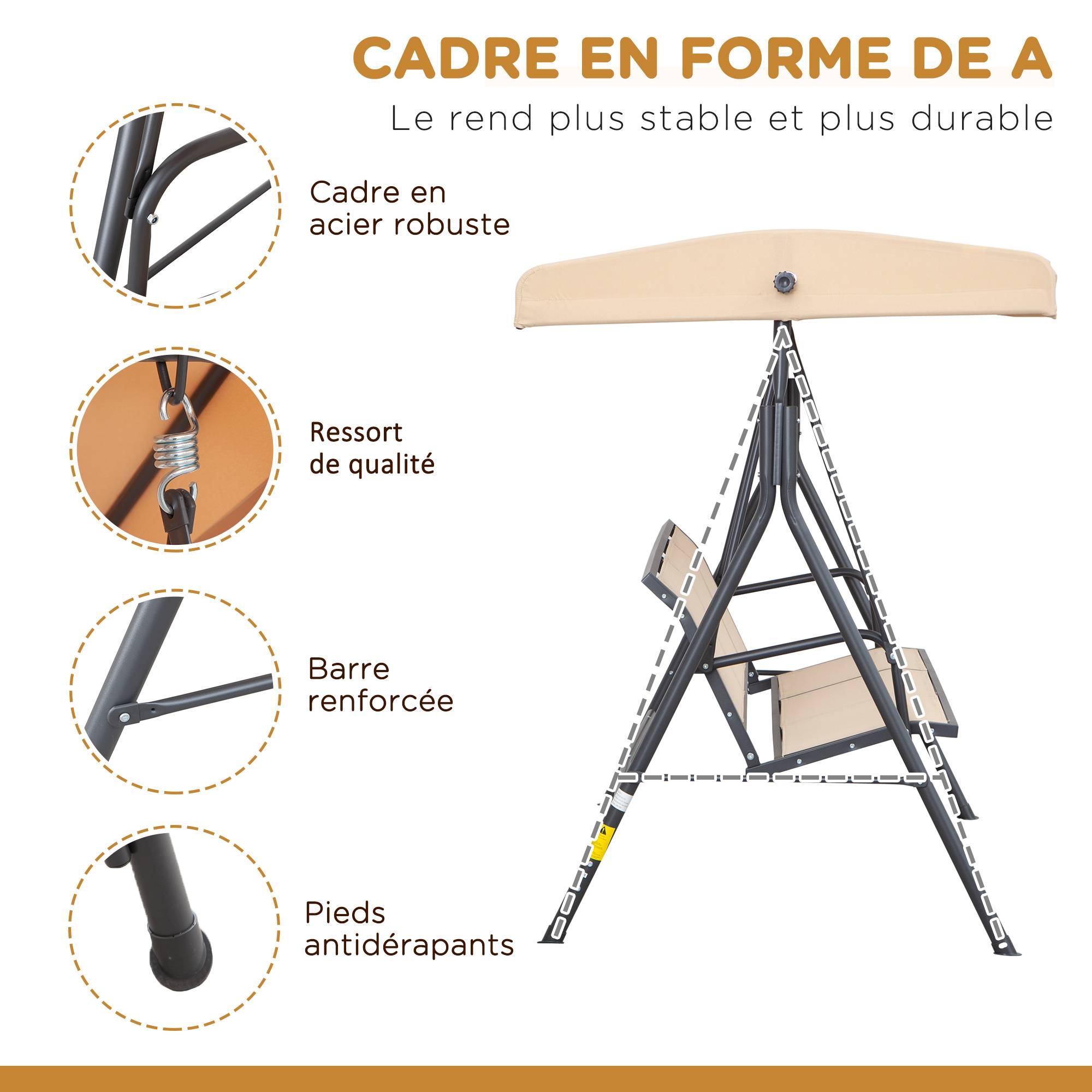 Balancelle de jardin 3 places acier textilène patio toit imperméable ergonomique beige - ComfortXL Outdoor Living - Image 6