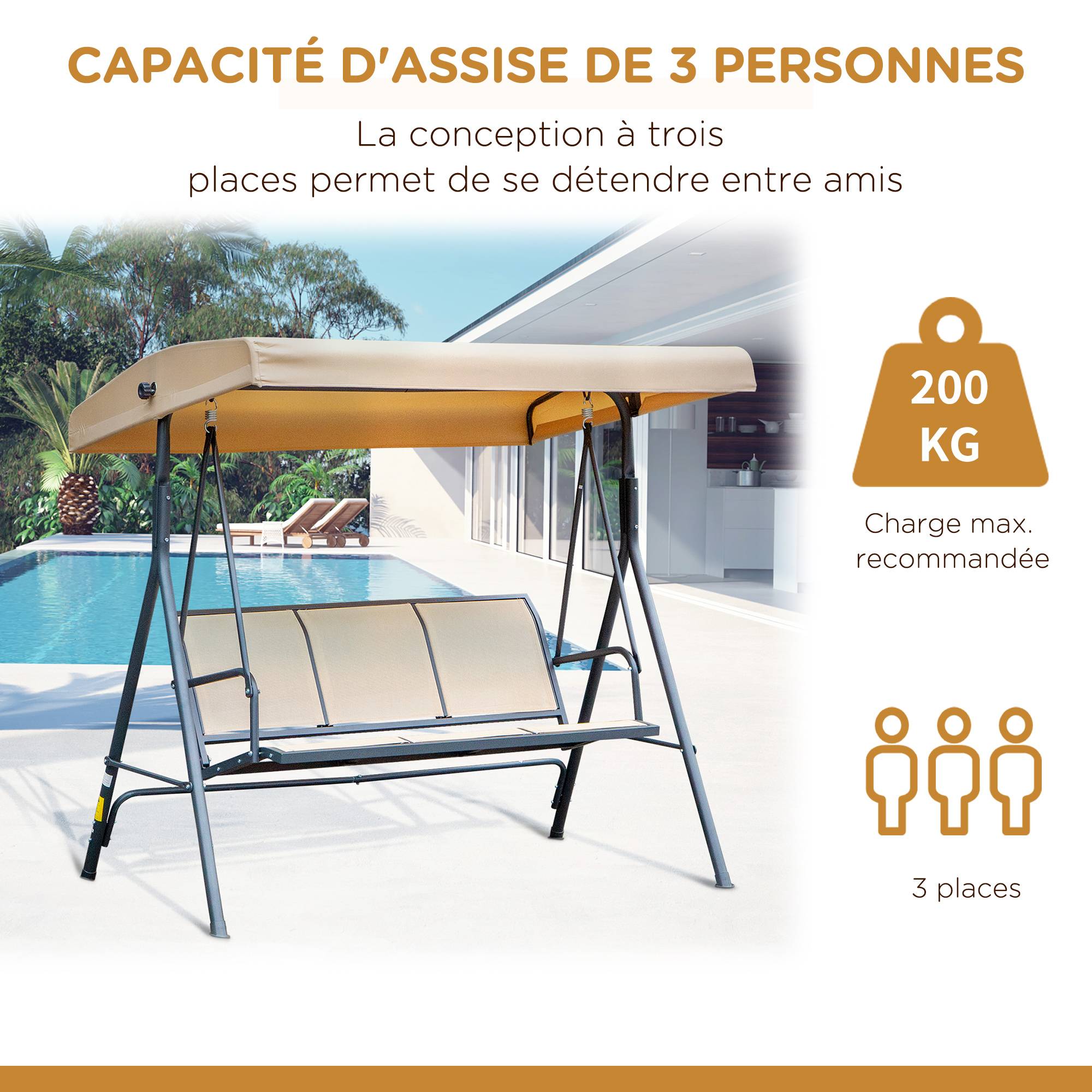Balancelle de jardin 3 places acier textilène patio toit imperméable ergonomique beige - ComfortXL Outdoor Living - Image 8
