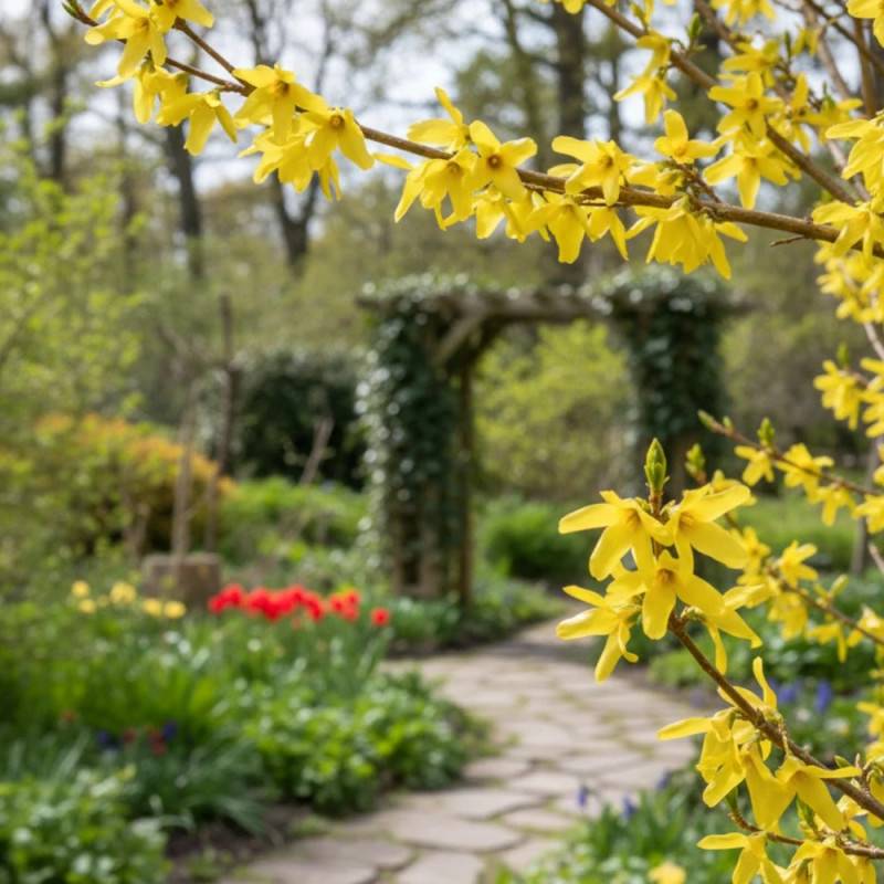 Forsythia Lynwood, Mimosa de Paris à fleurs Jaune - feuillage Caduc - Pot de 7,5L - 60/80 cm-  hauteur à maturité De 1,50 m à 2,00 m - Imagen 3